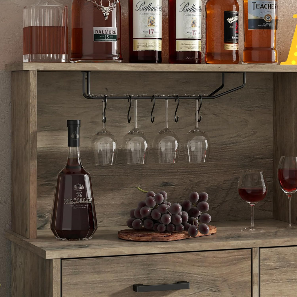 Grey Buffet Sideboard Storage Cabinet - 47" Large Double-Layer Kitchen Pantry Cabinet with 3 Drawers & 3 Doors, Modern Liquor Coffee Bar Buffet Table with Hutch for Dining Living Room