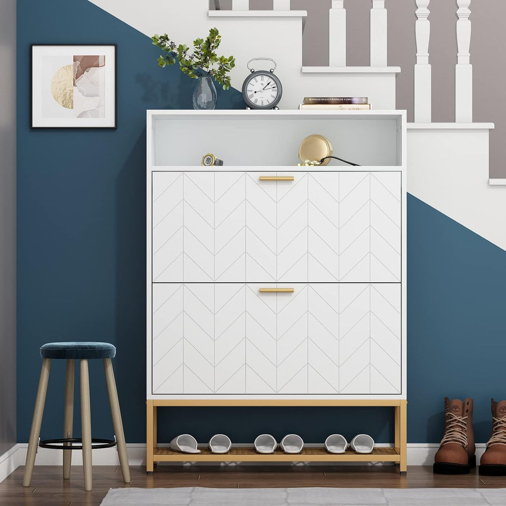 Loomie Shoe Cabinet, Free Standing Tipping Bucket Shoe Rack Organizer with 2 Flip Drawers,Entryway Narrow Shoe Storage with Storage Shelf & Top Cubby,Modern Slim Hidden Shoe Cabinet with Doors, White