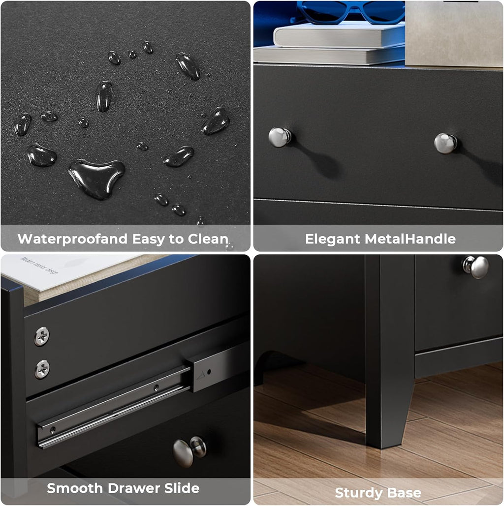 Nightstand w/Gun Drawer, Black Night Stand w/Charging Station & LED Lights