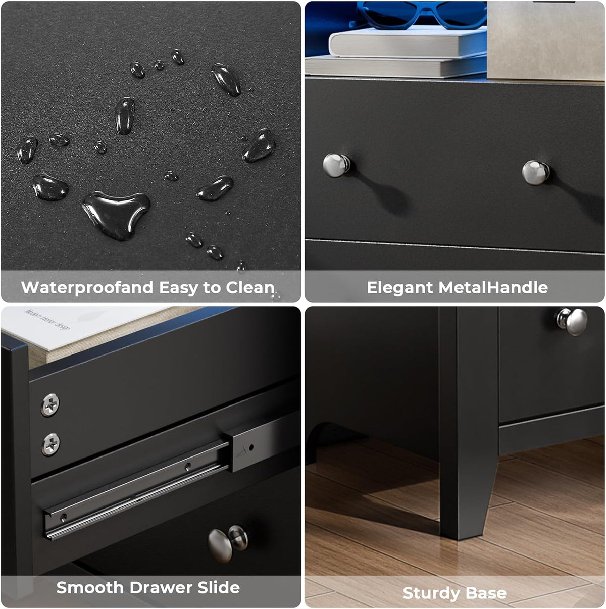 Nightstand w/Gun Drawer, Black Night Stand w/Charging Station & LED Lights