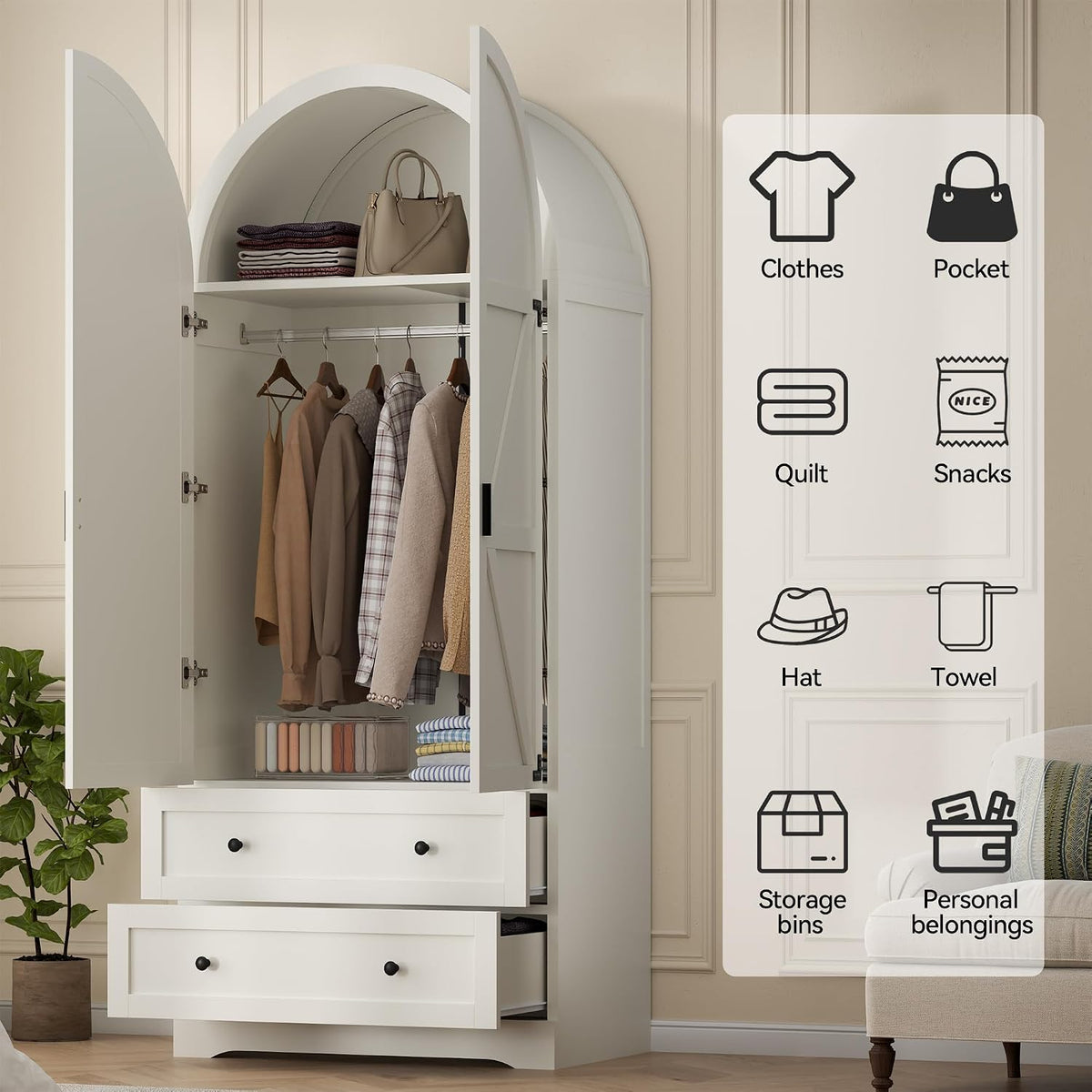 Gyfimoie 75" Armoire Wardrobe Closet with 2 Drawers and 2 Doors, Tall Bedroom Freestanding Armoire Storage Cabinet with Shelves, Wood Large Wardrobe Combination for Hanging Clothes (White)