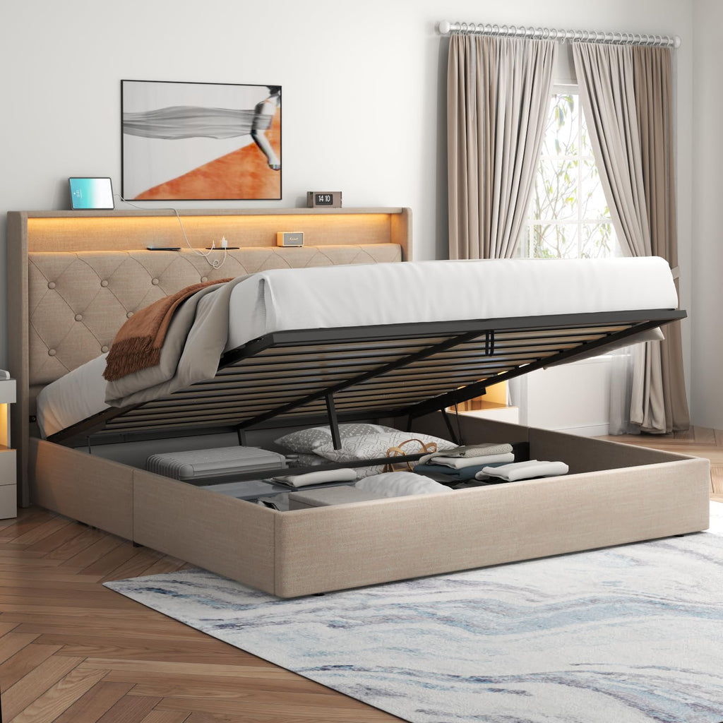 Loomie Queen Lift Up Bed Frame with Charging Station & LED Lights, Upholstered Bed with Button Tufted Wingback Storage Headboard, Hydraulic Storage, No Box Spring Needed, Wood Slats Support,Dark Grey
