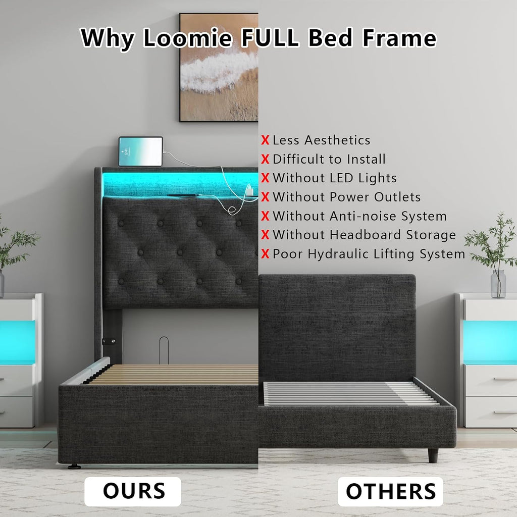 Full Lift Up Storage Bed Frame w/Charging Station & LED Lights, Dark Grey