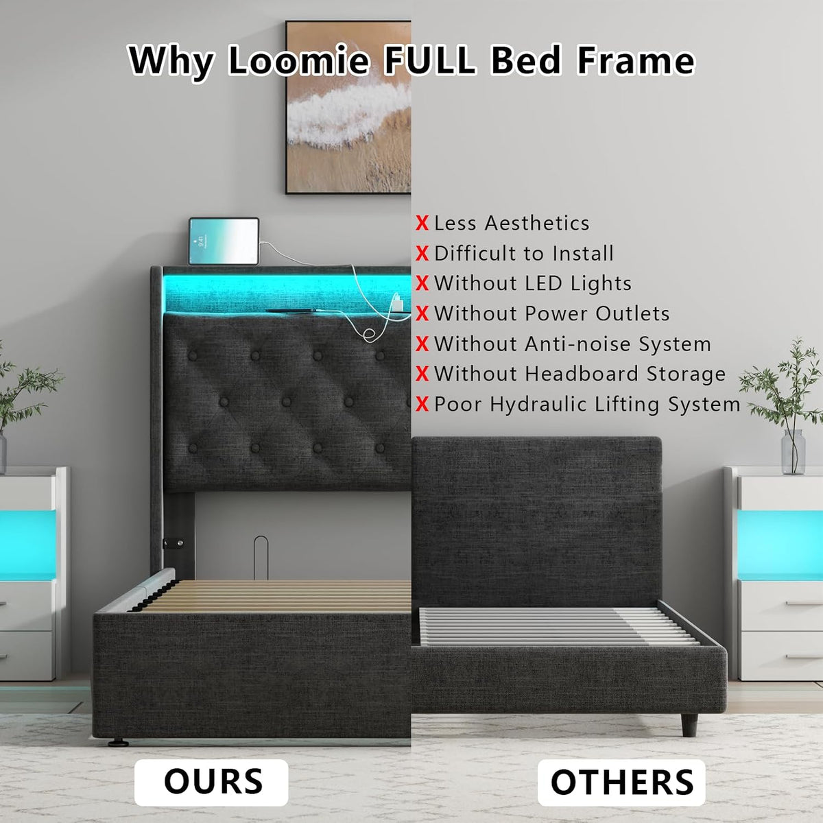 Full Lift Up Storage Bed Frame w/Charging Station & LED Lights, Dark Grey