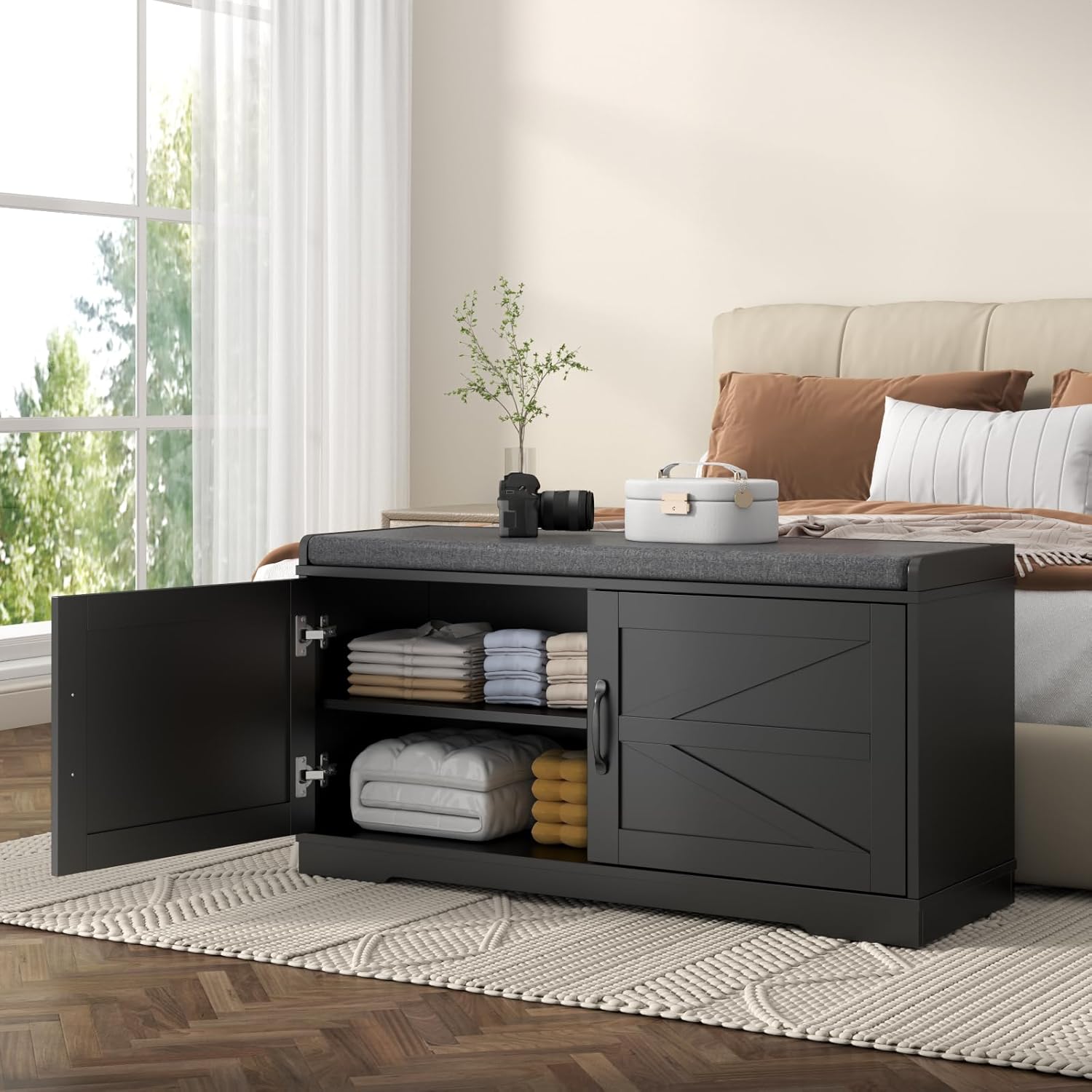 Loomie Shoe Storage Bench, 2-Tier Farmhouse Entryway Bench with Padded Seat Cushion, 13.78" D x 39.37" W x 19.69" H, Slim Shoe Cabinet Bench for Entryway, Living Room, Bedroom (Black)