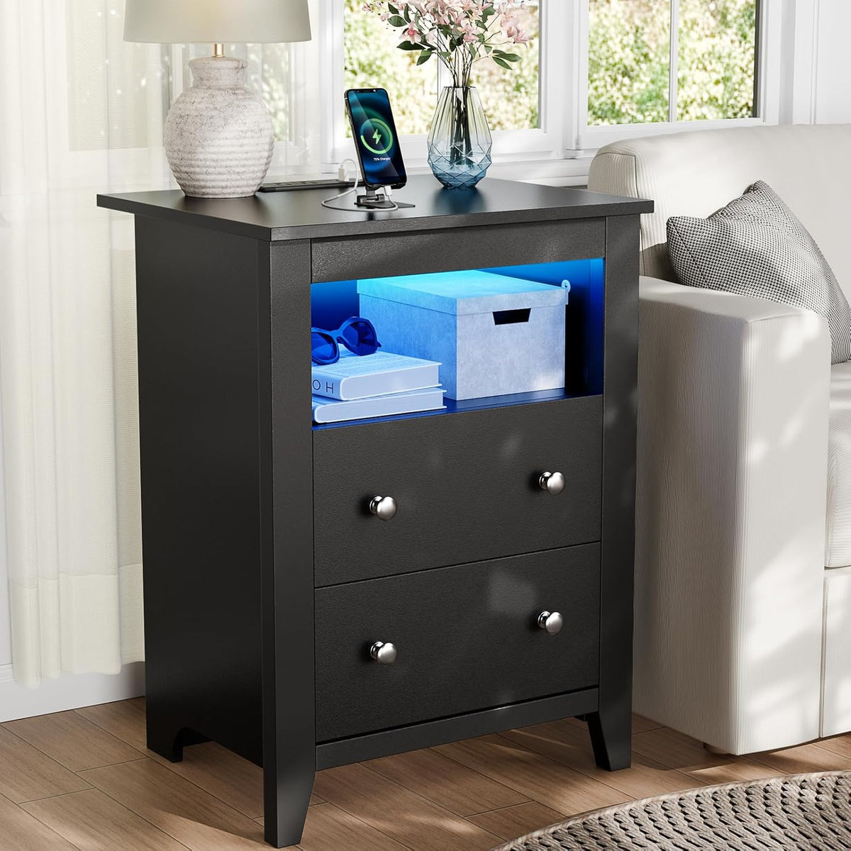 Nightstand w/Gun Drawer, Black Night Stand w/Charging Station & LED Lights