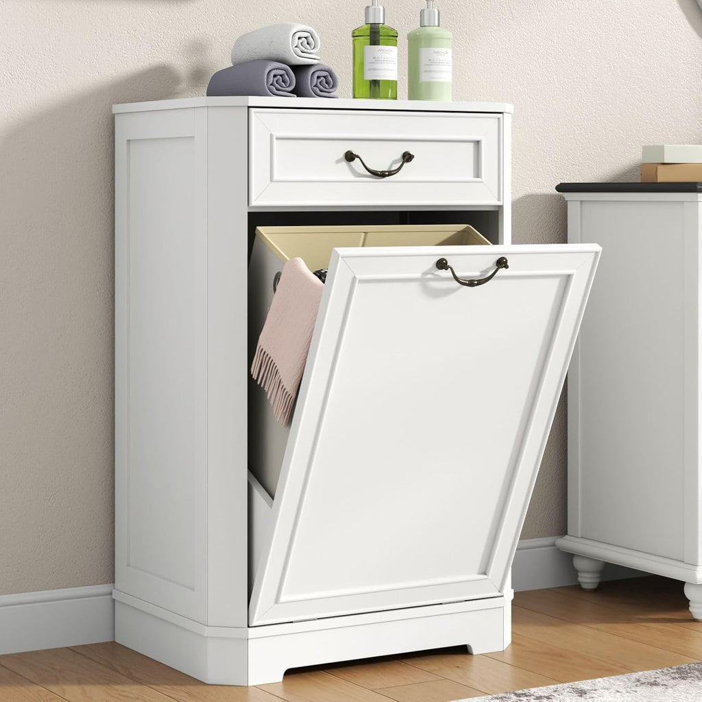 Tilt Out Laundry Hamper Cabinet, Hidden Laundry Cabinets w/Drawer & Basket