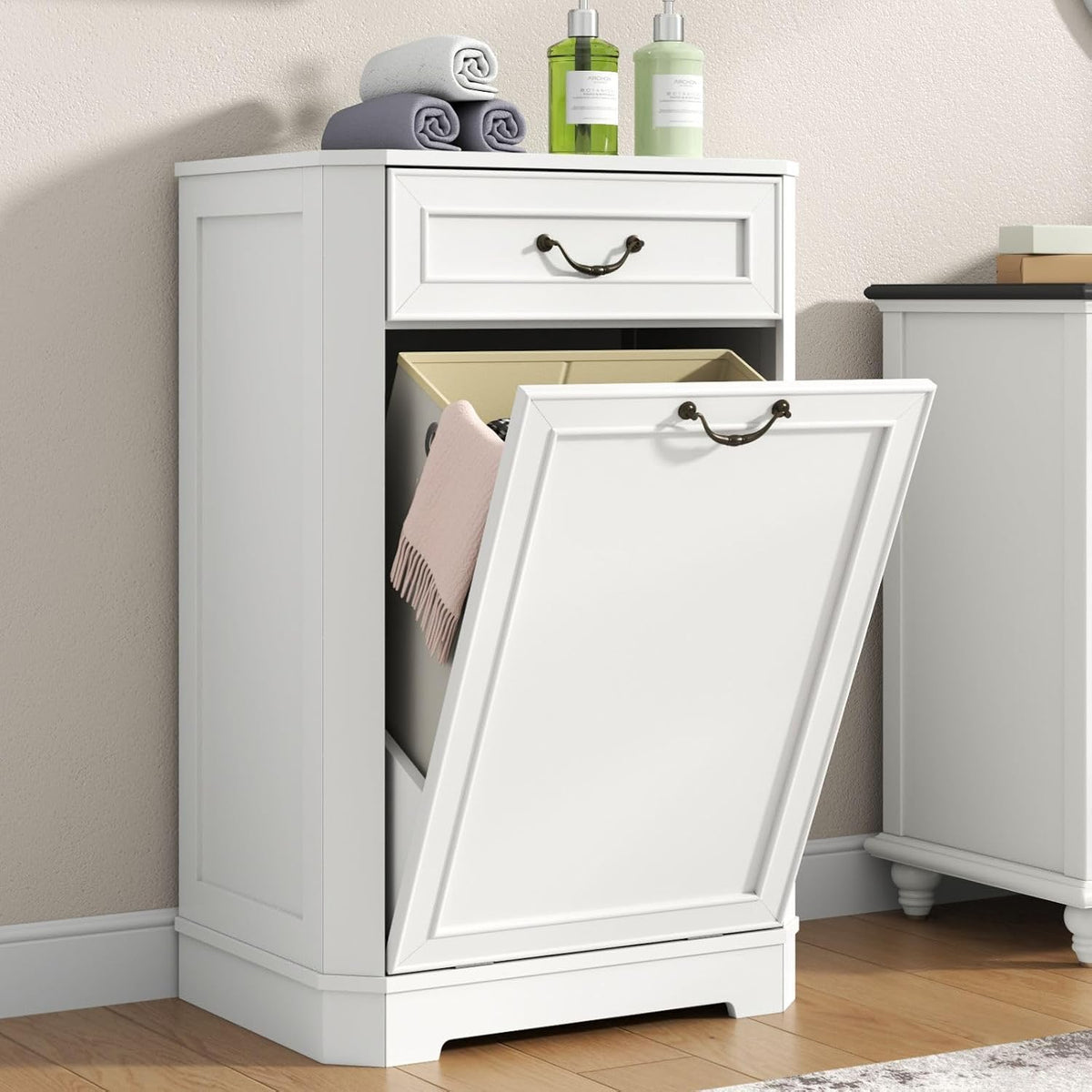 Tilt Out Laundry Hamper Cabinet, Hidden Laundry Cabinets w/Drawer & Basket