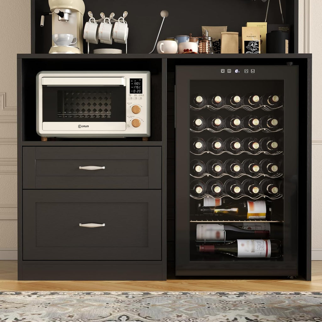 Kitchen Pantry Cabinet with Power, Kitchen Hutch with Fridge Space & Drawer