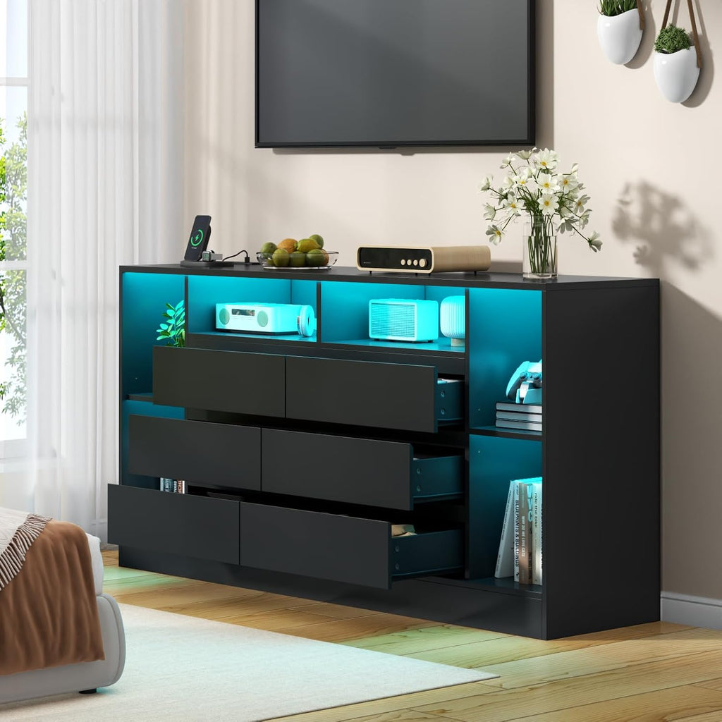 Loomie 6 Drawers Dresser with 6 Open Storage Cubbies, LED Dressers & Chests of Drawers with Power Outlet, 55" Wide Long Dresser for Bedroom, Modern TV Stand with Open Shelf (Black)