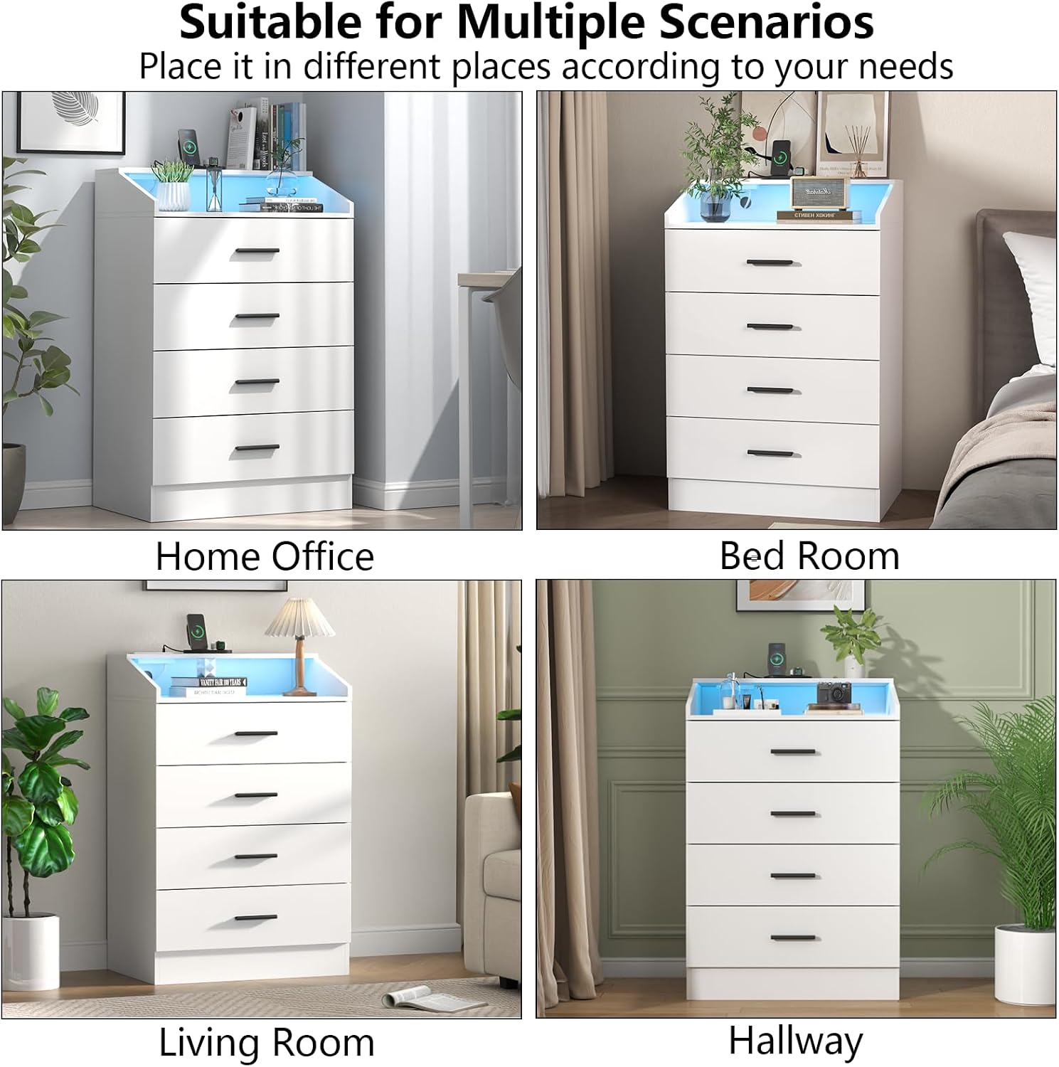 Gyfimoie 4 Drawers Dresser with Power Outlet, Chest of Drawers with LED Light, White Dresser Organizer with Open Storage Cubby, Modern Nightshatnd for Bedroom, Living Room, Entryway, Hallway