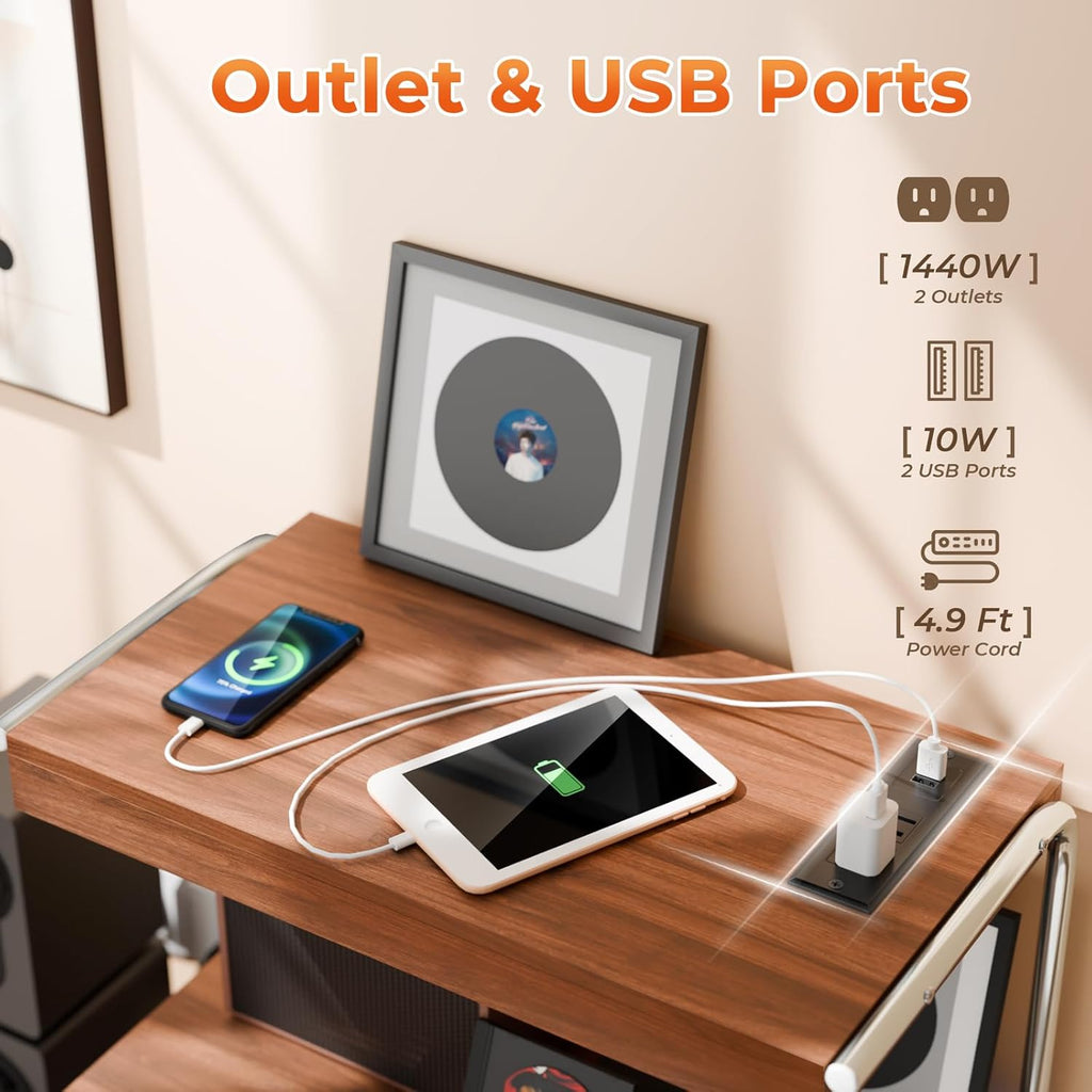 Large Record Player Stand with Sliding Door and Wheels,200 Vinyl Record Storage Cabinet, Record Player Table with Power Outlet & LED Light,Turntable Stand with Wood Legs for Living Room,Bedroom