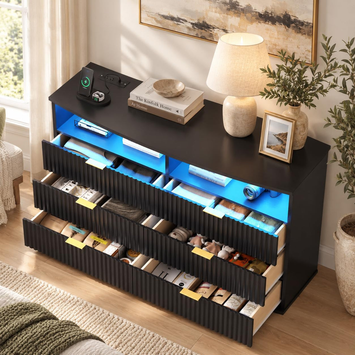 Fluted 6-Drawer Dresser for bedroom w/LED Light & Power Outlet, Black