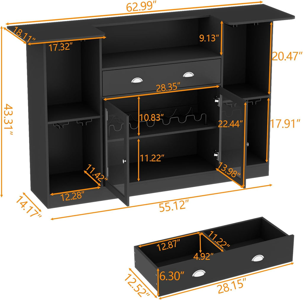 Loomie Bar Table Cabinet with LED & Drawer, Mini Liquor Bar with 8-Tier Storage & Stemware Holder, Wine Alcohol Bar Stand with Glass Door & Adjustable Wine Rack, Crescent Shaped Counter for Home Pub