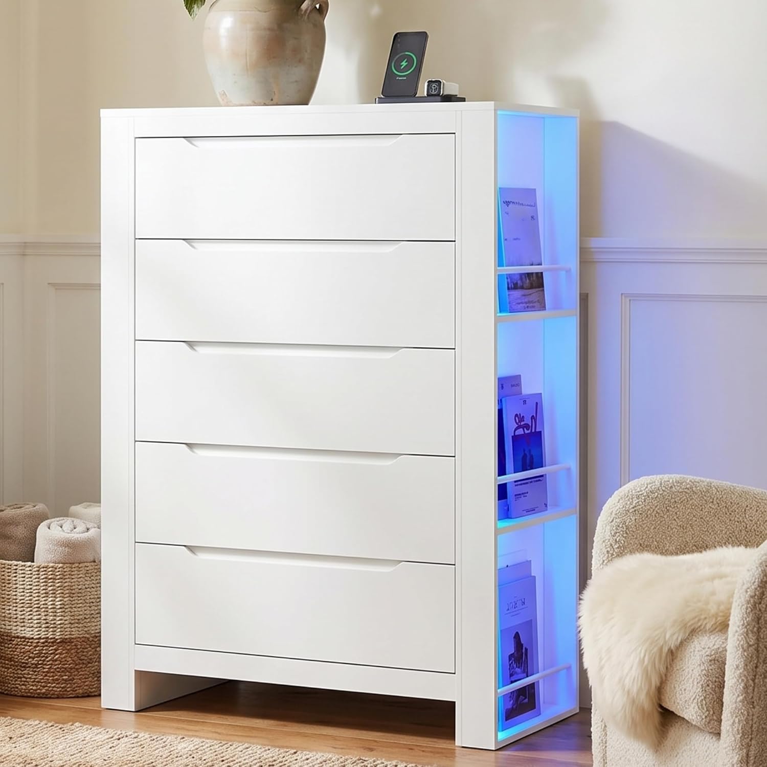 White 5 Drawers Dresser for Bedroom,Tall Modern Dressers & Chest of Drawers w/ Charging Station & LED Lights,Wood Vertical Dresser w/2 Side Storage Racks,Closet Organizer Cabinet for Living Room
