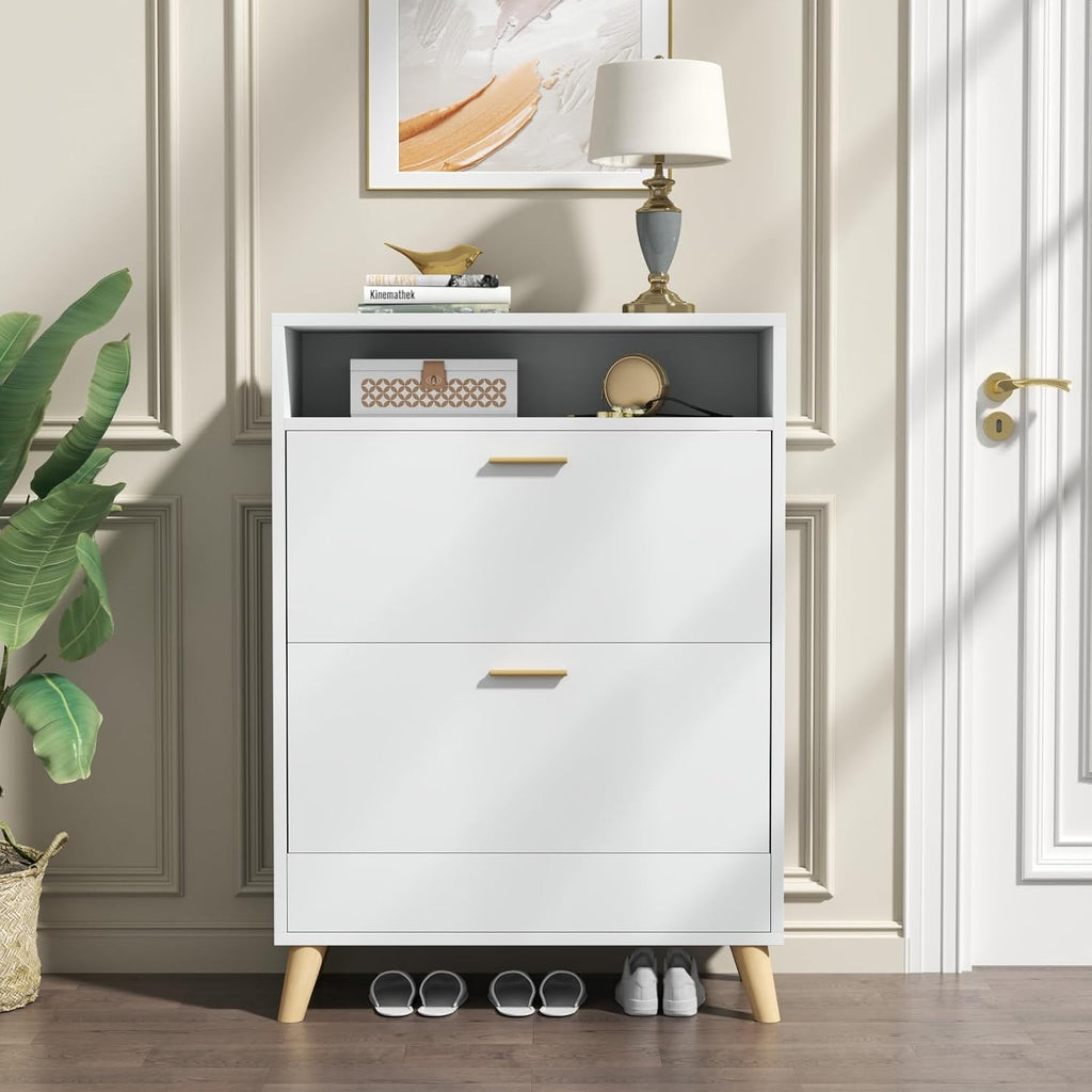 Loomie Shoe Storage Cabinet for Entryway, Free Standing Shoe Organizer with 2 Flip Drawers, Slim Narrow Hidden Shoe Rack Cabinet with Open Shelf, Shoe Cabinet for Hallway, Living Room (Off White)