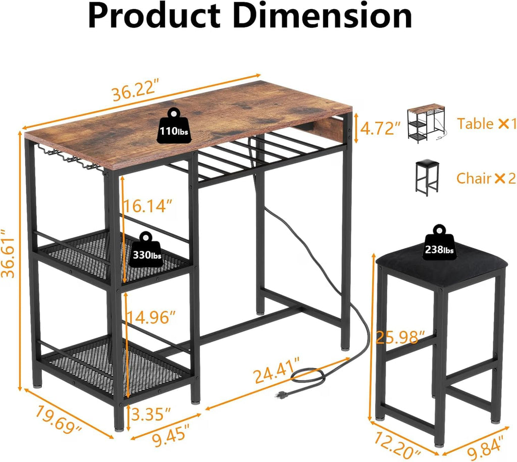 36"W Bar Table and Chairs Set of 2 with Power Outlet & 2 Shelves (Walnut)