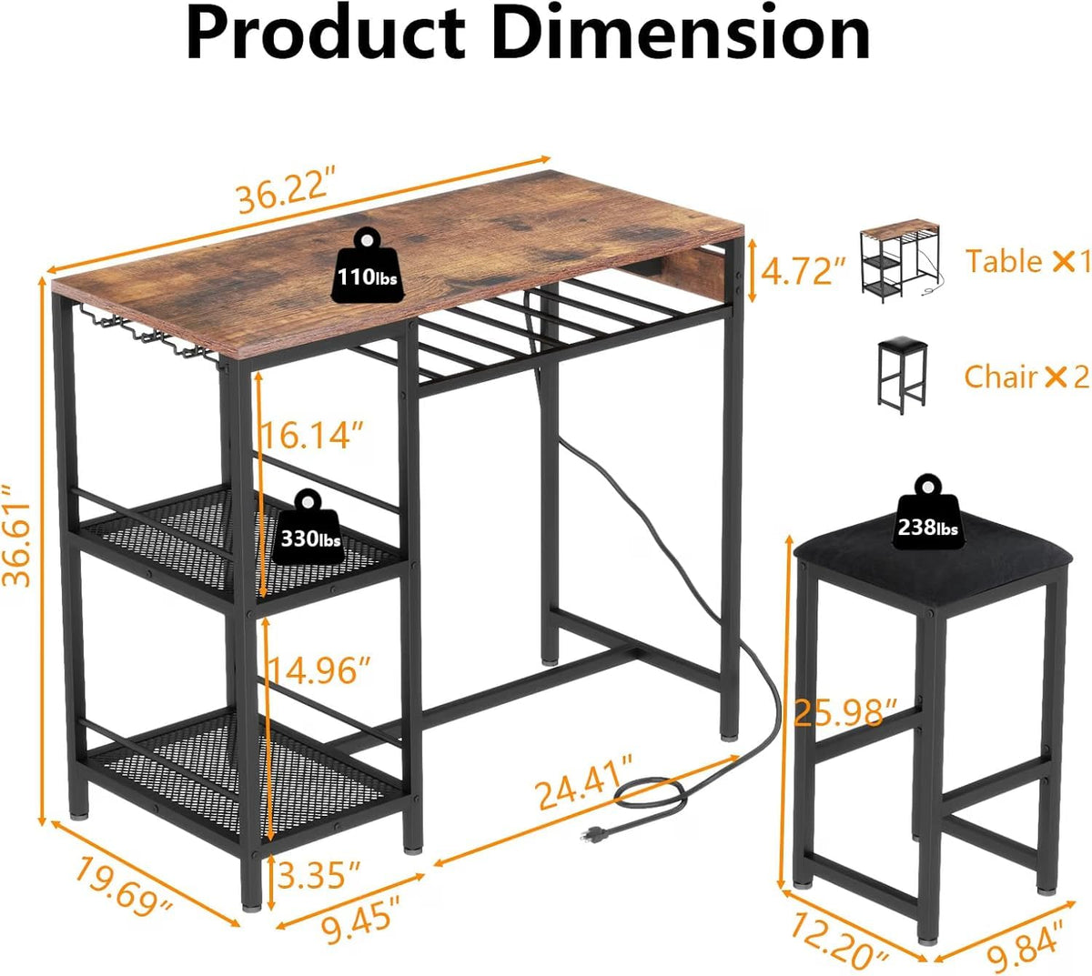 36"W Bar Table and Chairs Set of 2 with Power Outlet & 2 Shelves (Walnut)