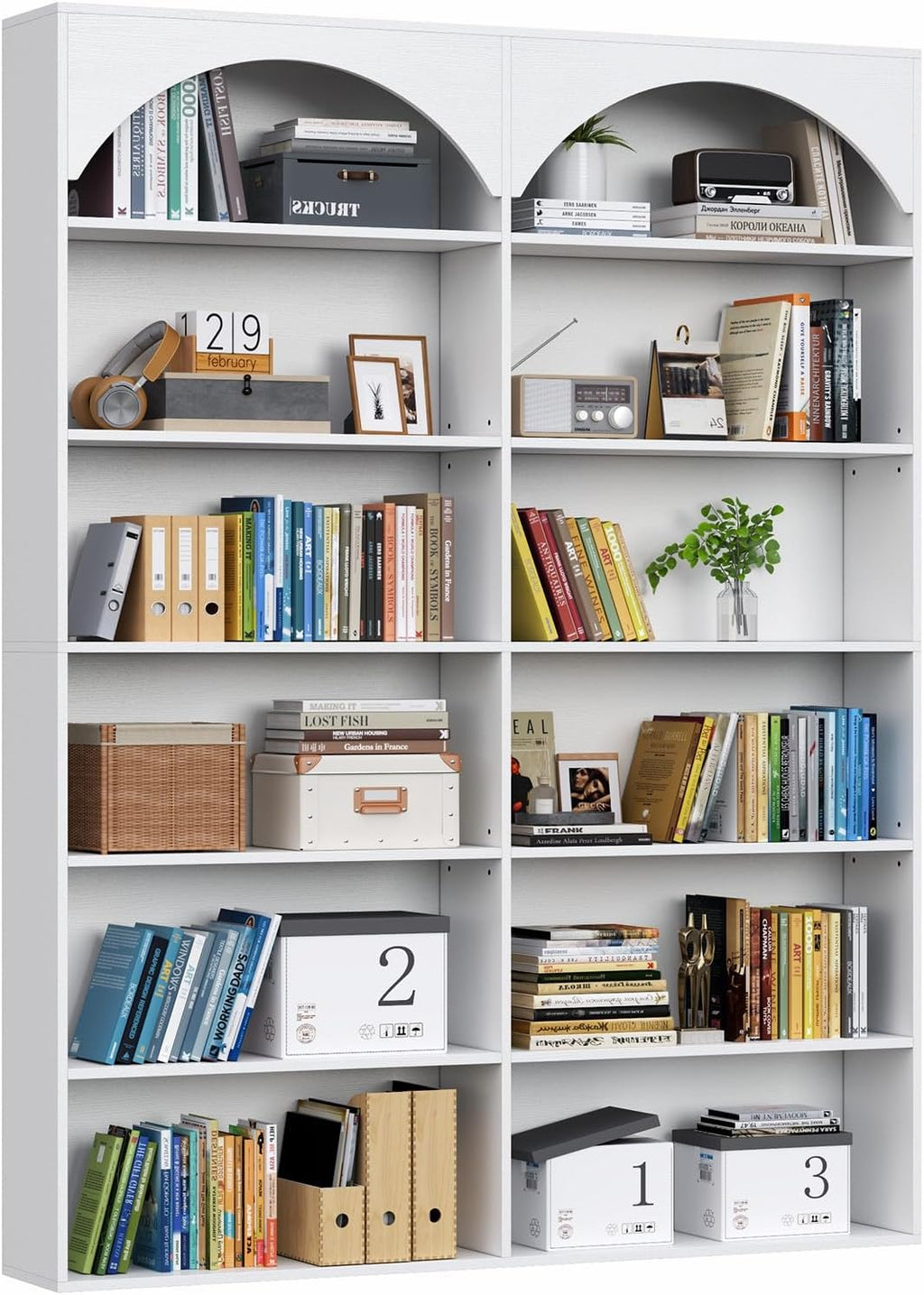 Gyfimoie 70.8’’ Tall Bookshelf and Bookcase, 7-Tier Double Wide Bookcase Modern Large Open Display Shelves with Curved Baffle for Home Office Living Room (White)