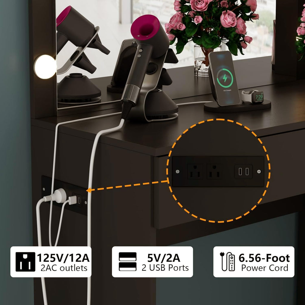 Gyfimoie Black Vanity with Lighted Mirror, 39" Makeup Vanity Desk with 10 Light Bulbs & Power Outlets, 6-Drawer & 3-Storage Shelf Dressing Table for Women Girls Bedroom (Black, 39.4 Inches)