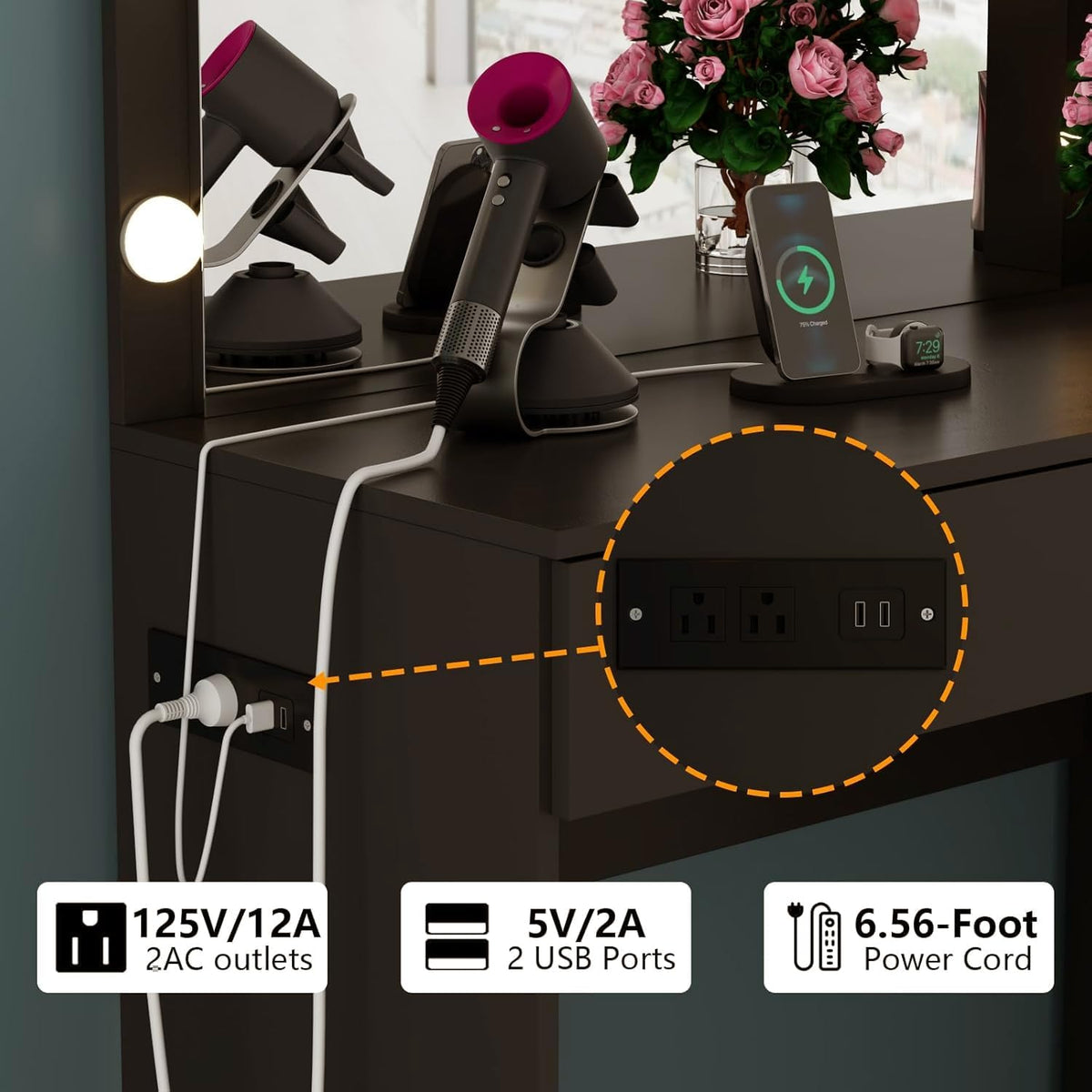 Gyfimoie Black Vanity with Lighted Mirror, 39" Makeup Vanity Desk with 10 Light Bulbs & Power Outlets, 6-Drawer & 3-Storage Shelf Dressing Table for Women Girls Bedroom (Black, 39.4 Inches)