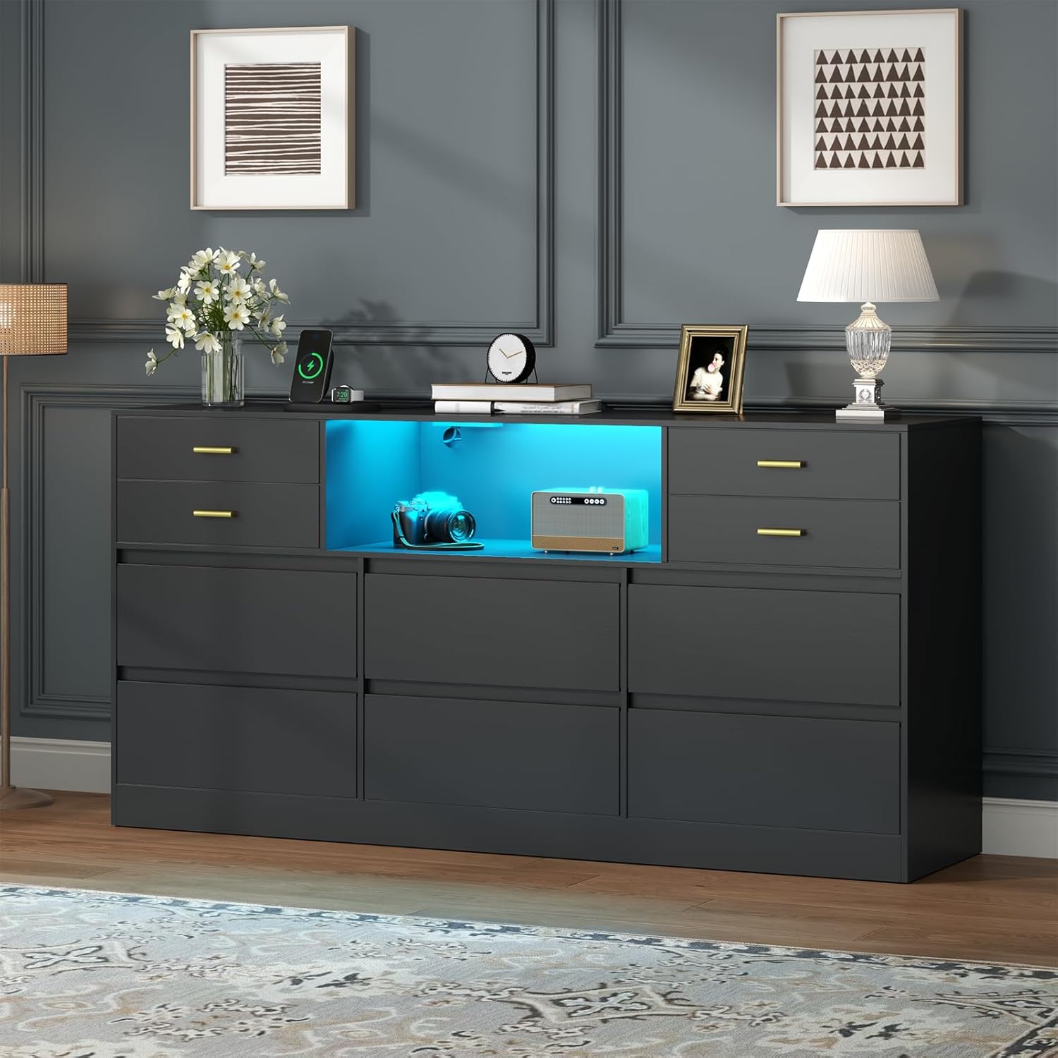 Loomie Upgraded 10 Drawer Black Dresser with Charging Station & Led Li Loomie Upgraded 10 Drawer Black Dresser with Charging Station & Led Li