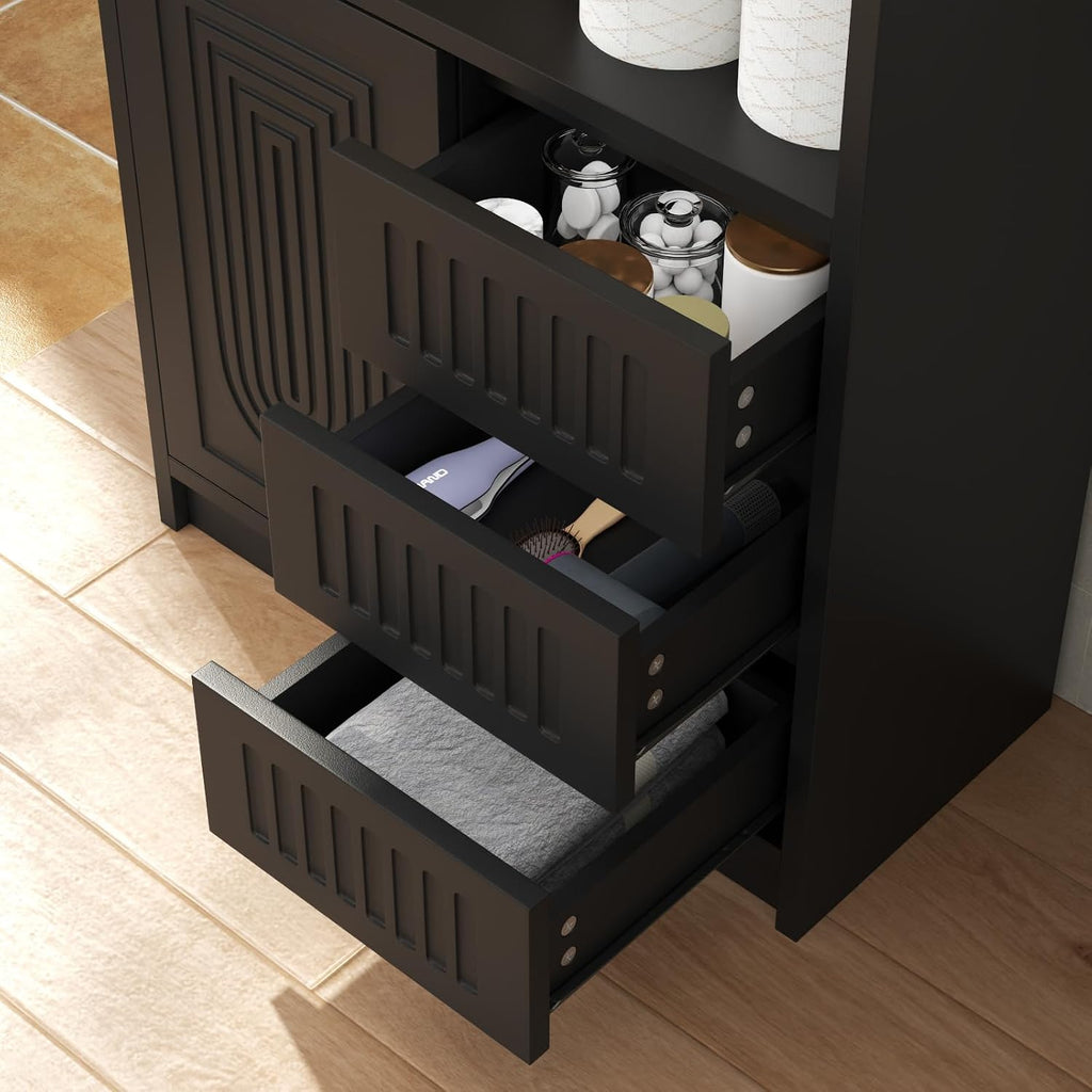 Freestanding Bathroom Storage Cabinet with 3 Drawers & Sliding Door, Black