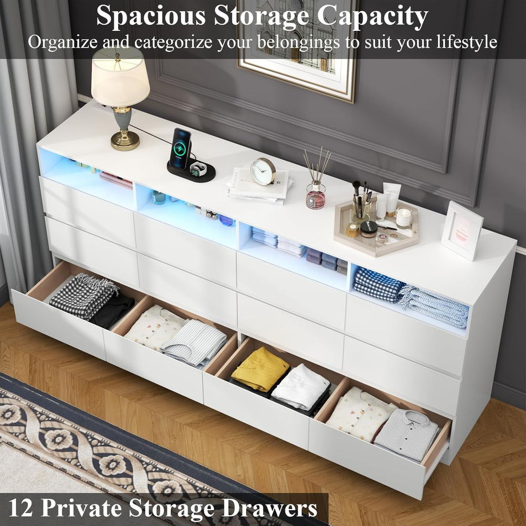 Gyfimoie 6-Drawer Dresser with Divided Compartments, Charging Station & LED Lights, 63" Wide TV Stand for TVs up to 75", Large Organizer with 4 Open Cubbies (White, 6 Drawers)