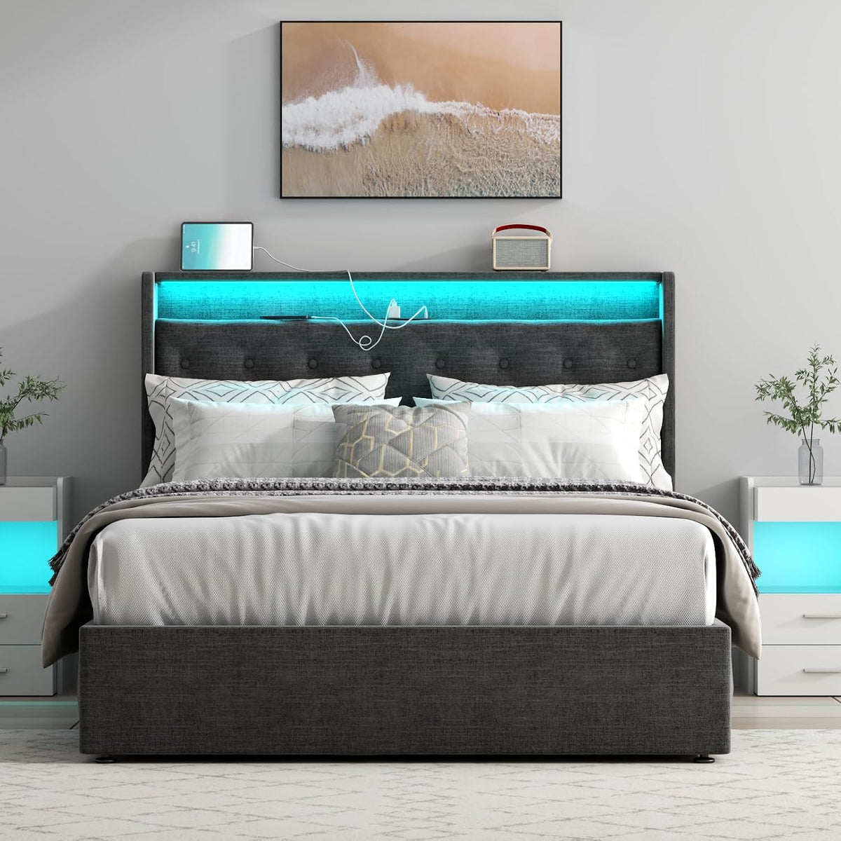 Full Lift Up Storage Bed Frame w/Charging Station & LED Lights, Dark Grey