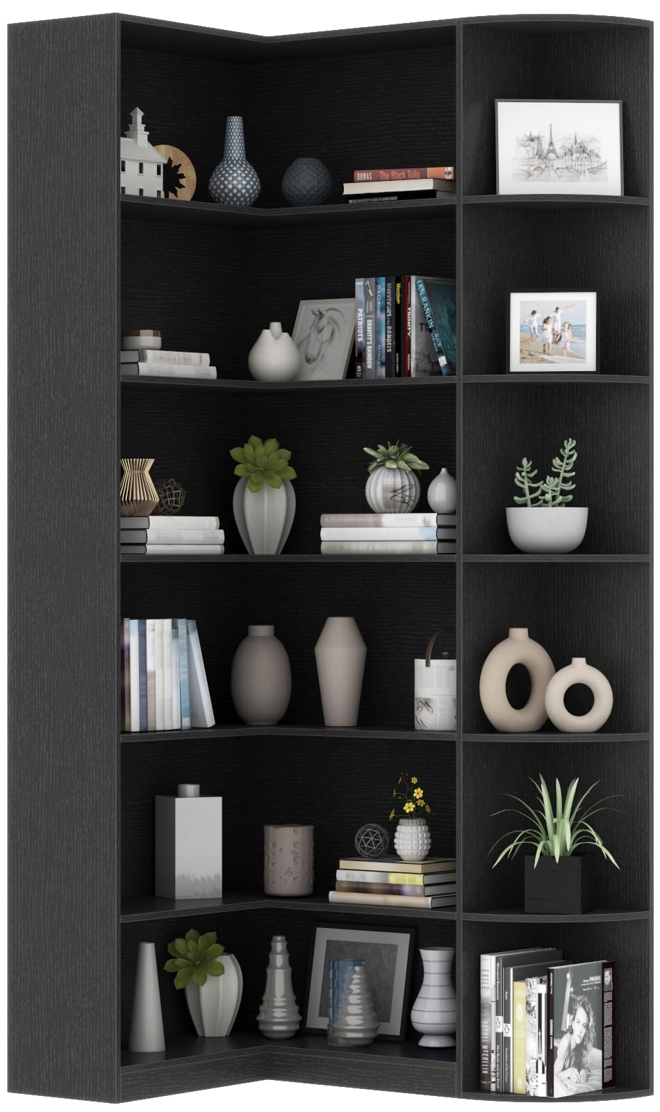 Loomie Bookshelves, 6 Tiers Shelf Large Tall Corner Etagere Bookcase with Full Baffle, L-Shaped Modern Storage Display Industrial Book Shelf for Bedroom, Home Office, Living Room & Kitchen, Rustic