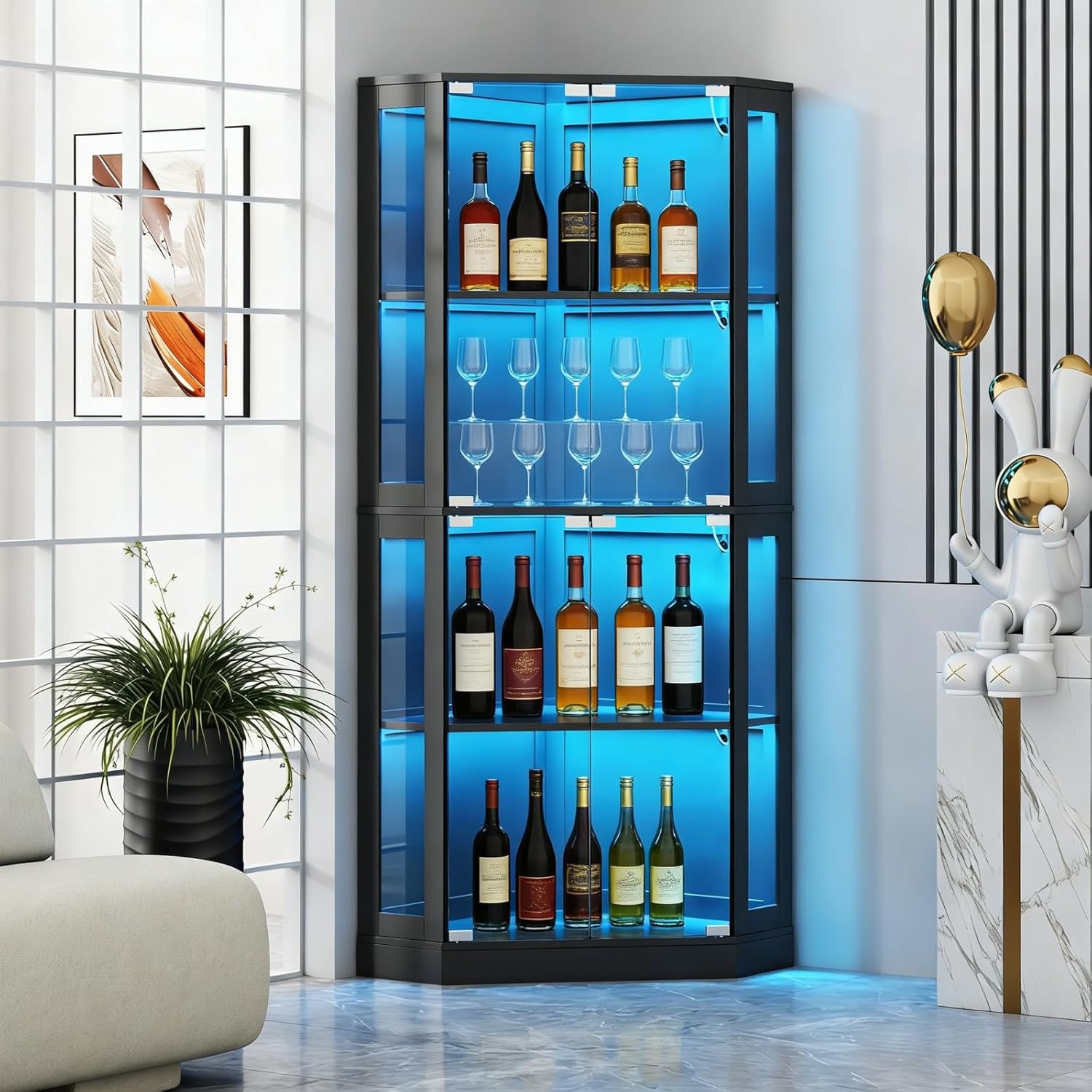 Gyfimoie Corner Wine Bar Cabinet with LED Lights,65" Tall Modern Liquor Cabinet with Tempered Glass Door,4-Tier Home Bar Liquor Storage Cabinet for Home Living Dining Room, Kitchen