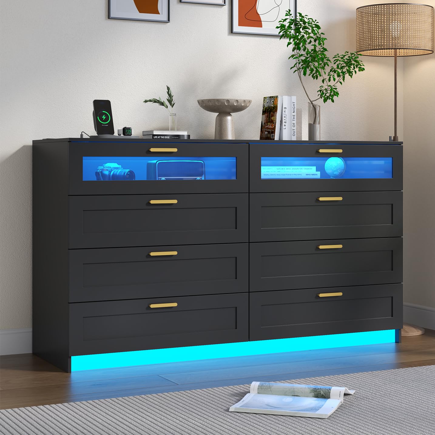 8 Drawers Dresser with Charging Station, White Dresser for Bedroom with LED Lights, Modern Chest of Drawers for Closet, Double Wide Dressers Organizer for Bedroom, Living Room, Entryway (White)