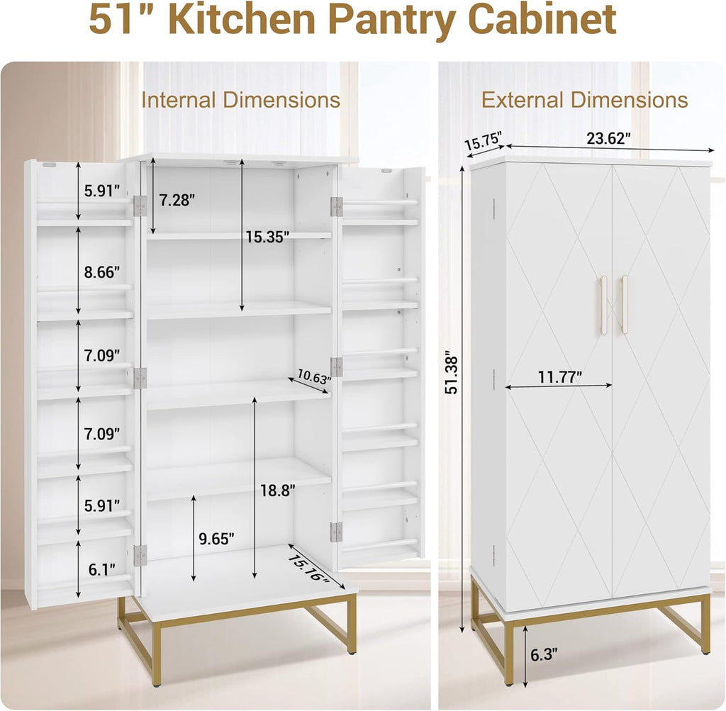 Jehiatek 51” Kitchen Pantry Storage Cabinet with Doors and Adjustable Shelves, Freestanding Pantry Cabinets, Buffet Cupboards Storage Cabinet for Home Office Use, White + Gold