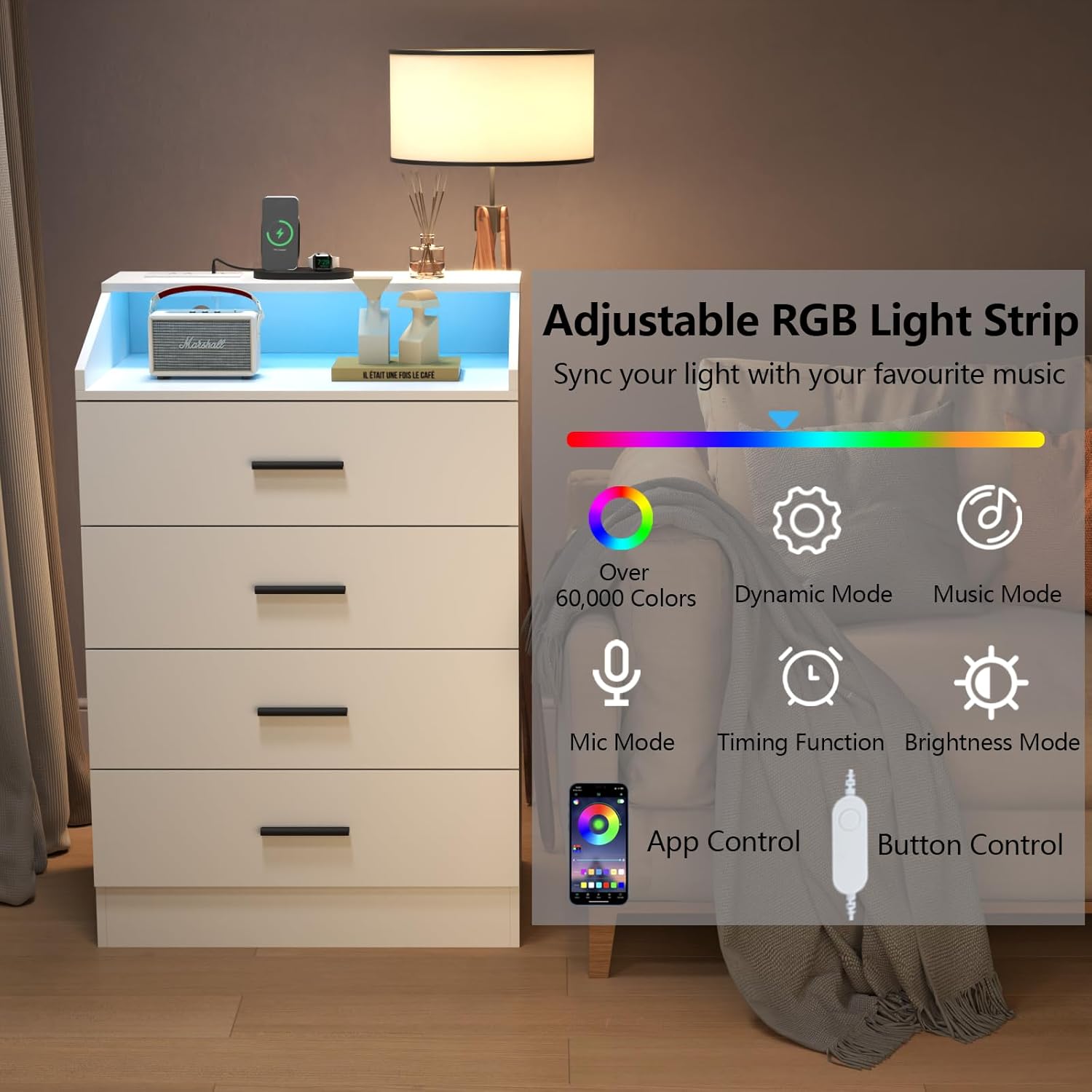 Gyfimoie 4 Drawers Dresser with Power Outlet, Chest of Drawers with LED Light, White Dresser Organizer with Open Storage Cubby, Modern Nightshatnd for Bedroom, Living Room, Entryway, Hallway