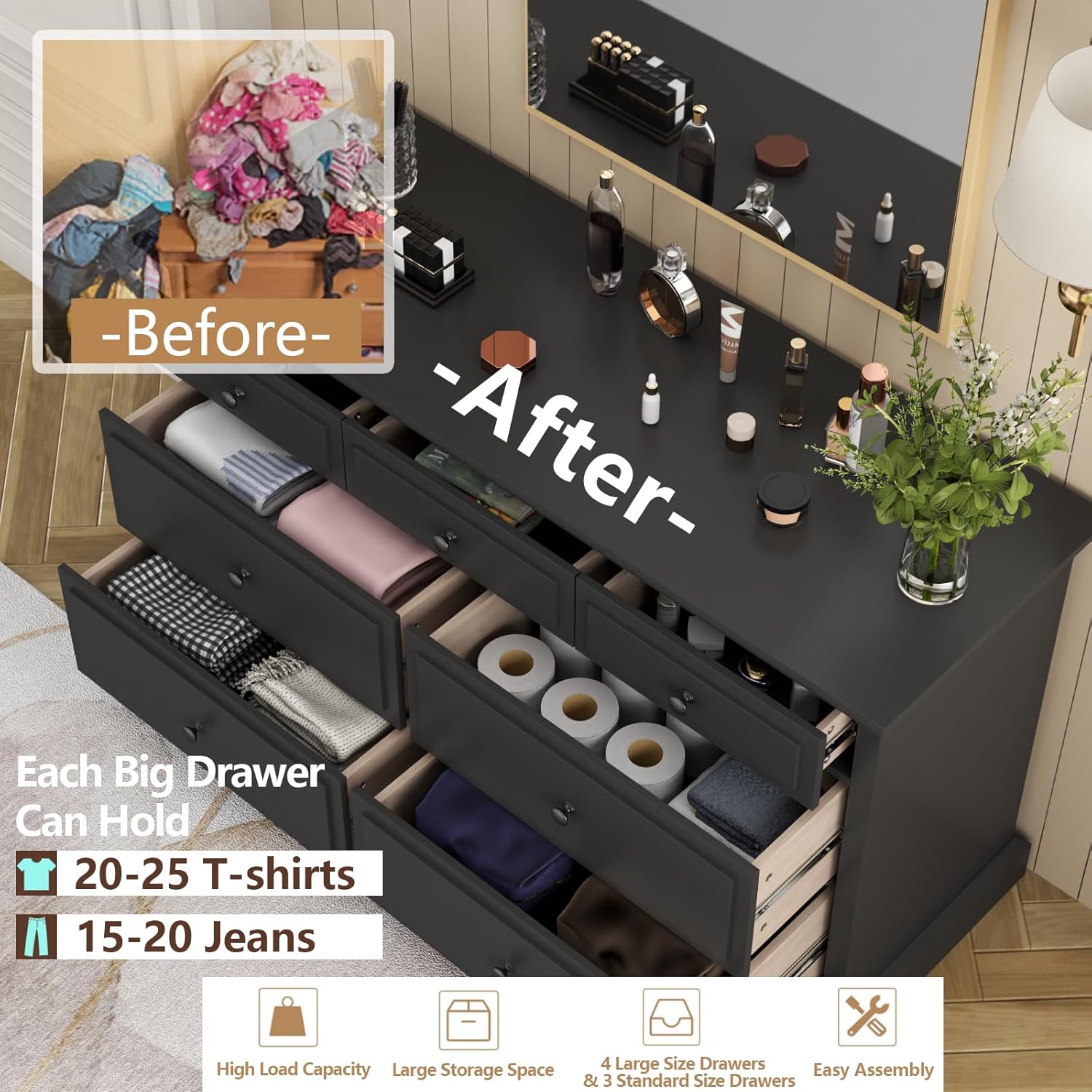 Loomie 7 Drawers Black Double Dressers Chests for Bedroom, Large Storage Dresser Organizer for Bedroom, Long Dresser Tv Stand, Vintage Solid Tall Closet Dresserss with Storage for Living Room, Hallway