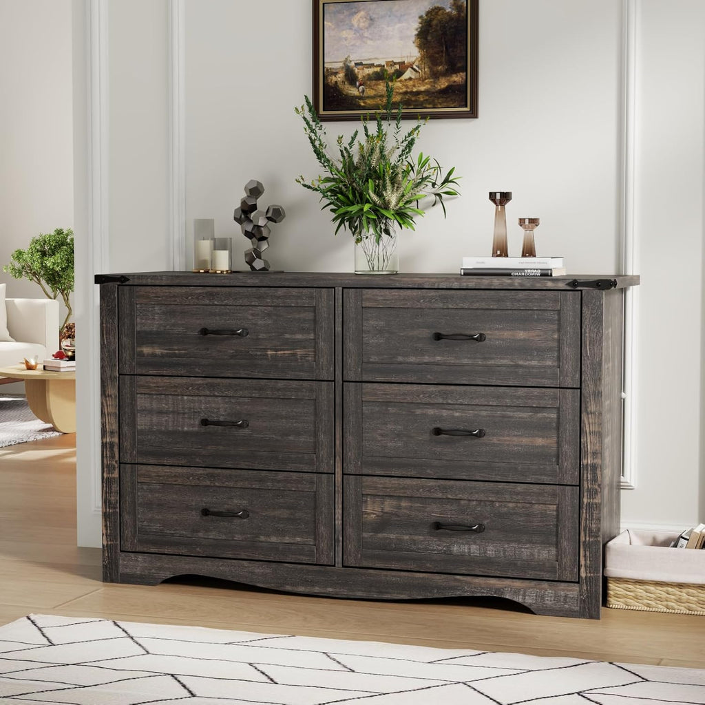 Loomie Farmhouse 6 Drawers Double Dresser for Bedroom, Modern White Dresser Chest of Drawers, Wide Dressers Organizer, Accent Storage Cabinet for Closet, Living Room, Hallway, Dark Rustic Oak