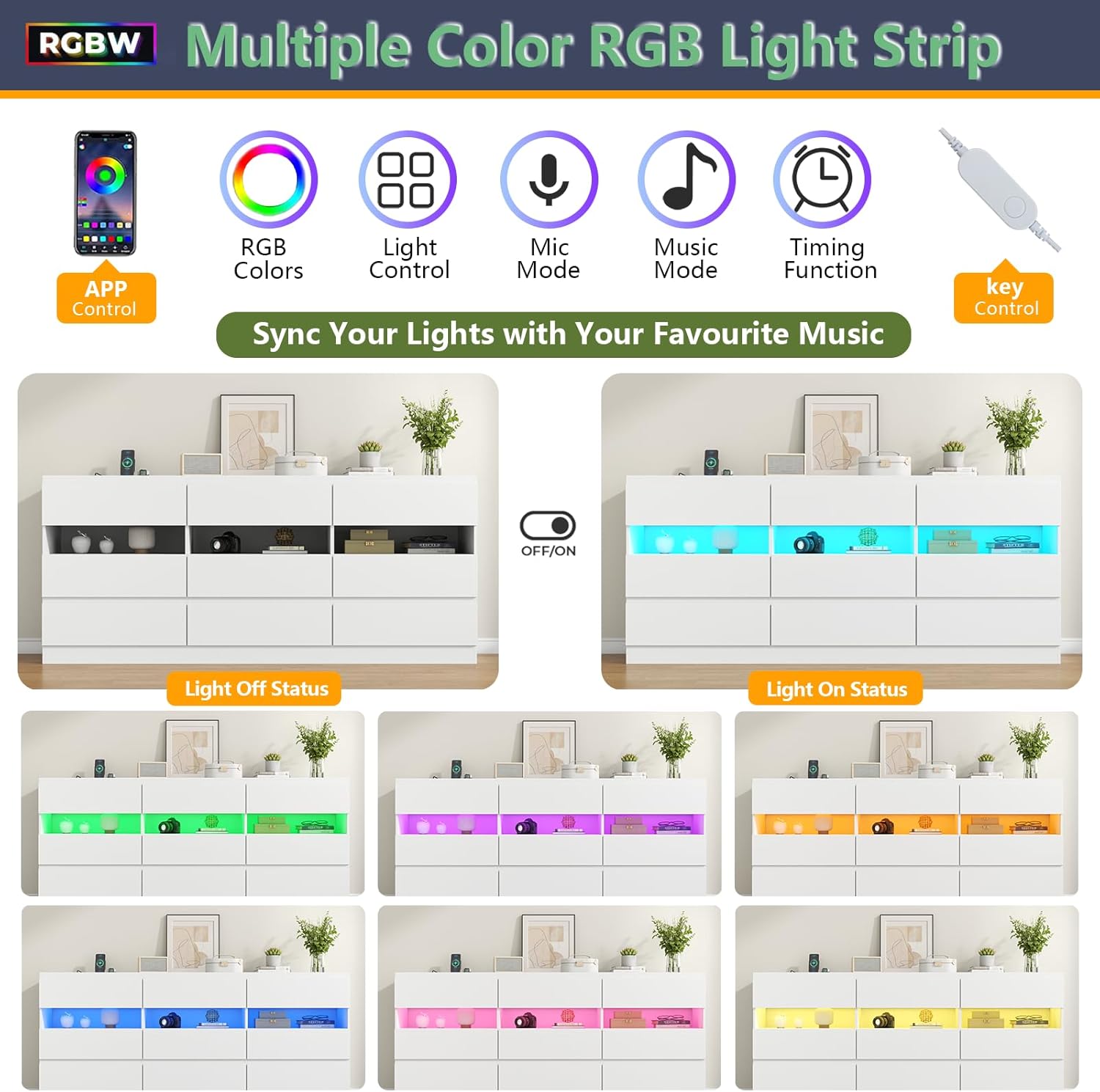 Loomie 9 Drawer Triple Dresser with Charging Station & Led Lights for Bedroom,Long 63" White Dresser TV Stand for TVs up to 75",Wide Large Drawer Dressers Organizer with 3 Open Cubbies for Hallway