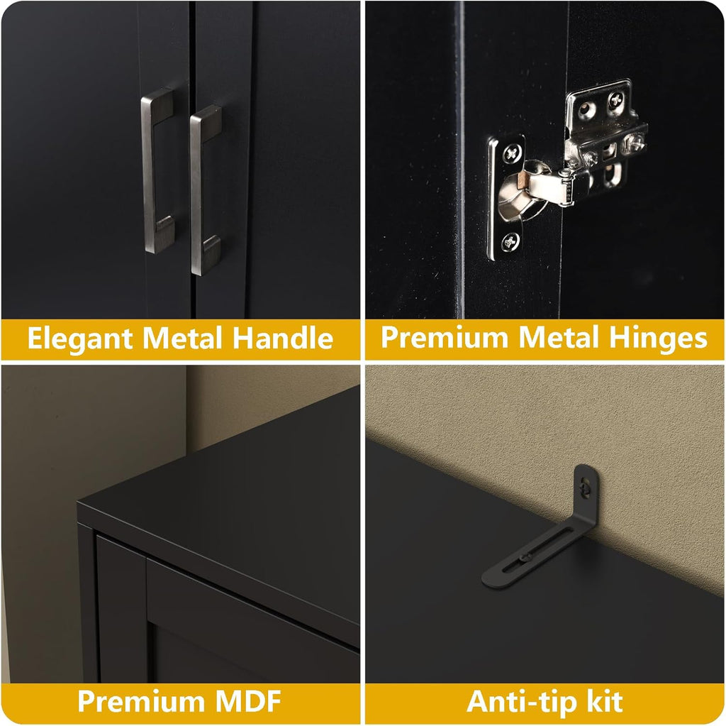 Loomie Kitchen Pantry Storage Cabinet, 64" Tall Freestanding Cupboard with Doors & Adjustable Shelves, Food Pantry Cabinet with 5-Tier External Shelf for Dining Room (Black)