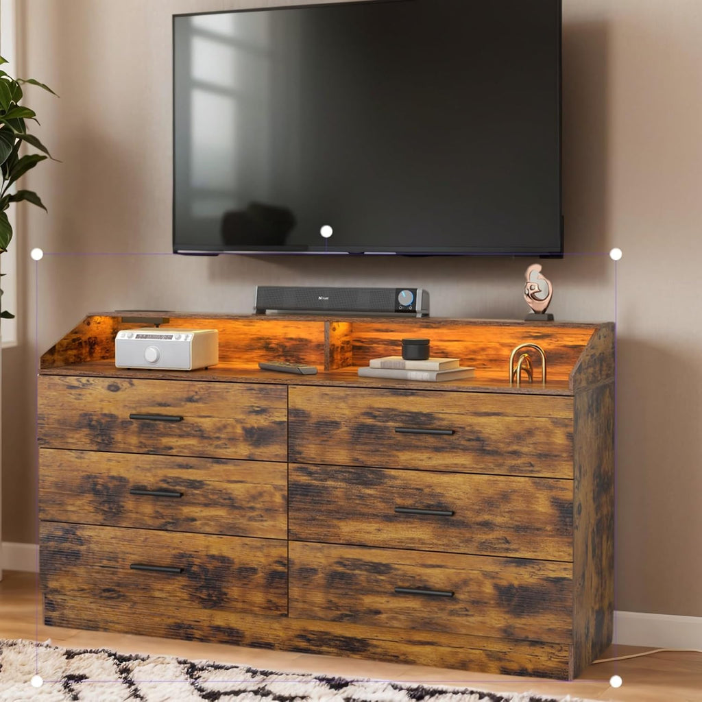 Dresser for Bedroom, 6 Drawer Dresser with Charging Station, Chests of Drawers with LED Lights, Modern Double Dresser, Storage Cabinet with Drawers for Living Room, Hallway (Brown)