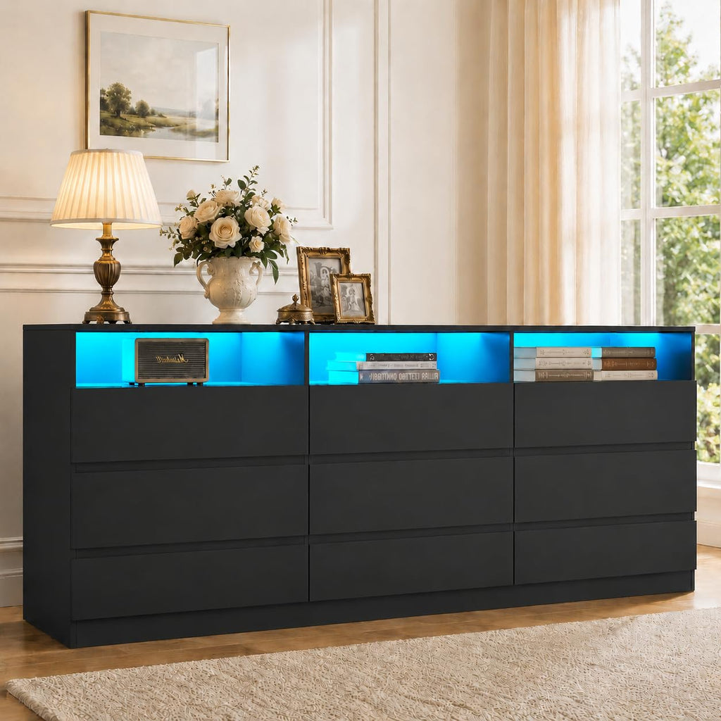 63"Wide 9 Drawer Dresser for Bedroom with LED Lights & Power Outlet