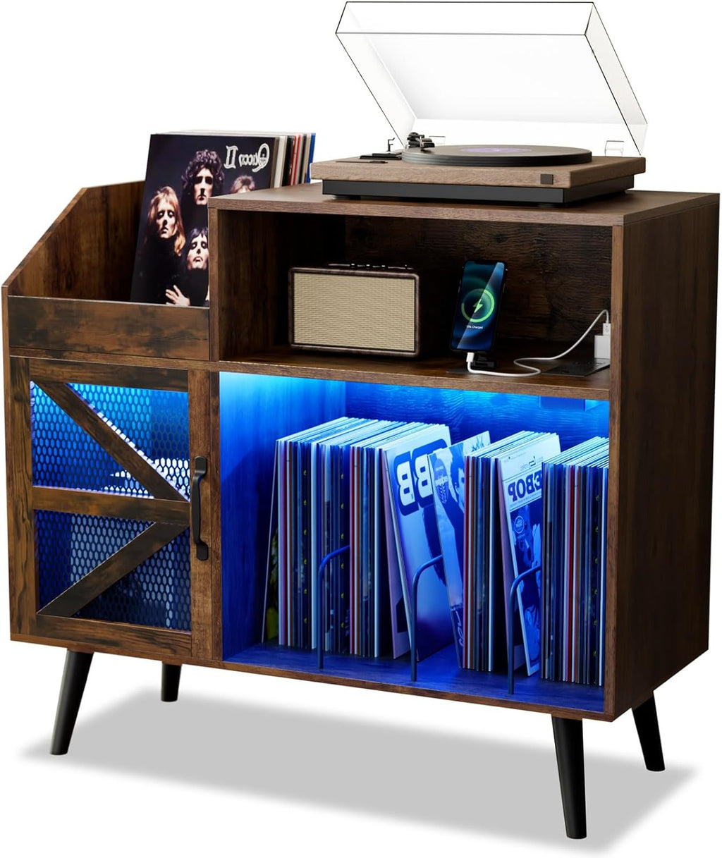 Large Rustic Record Player Stand with Magnetic Door,350 Vinyl Record Storage Cabinet, Record Player Table with Power Outlet and LED Light,Turntable Stand with Wood Legs for Living Room