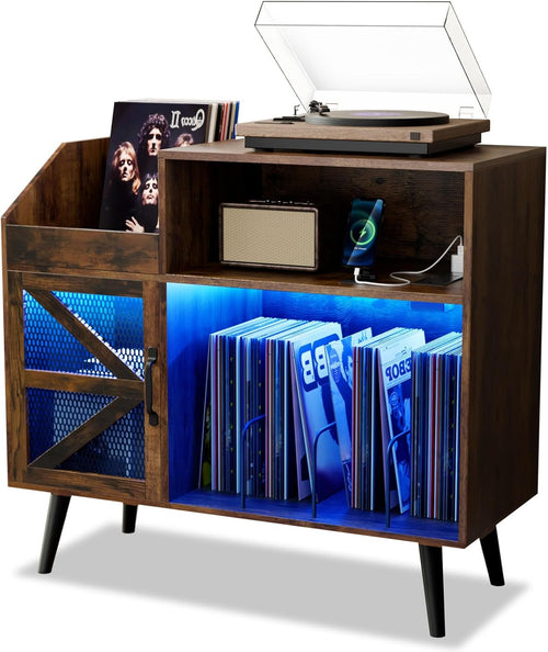 Large Rustic Record Player Stand with Magnetic Door,350 Vinyl Record Storage Cabinet, Record Player Table with Power Outlet and LED Light,Turntable Stand with Wood Legs for Living Room