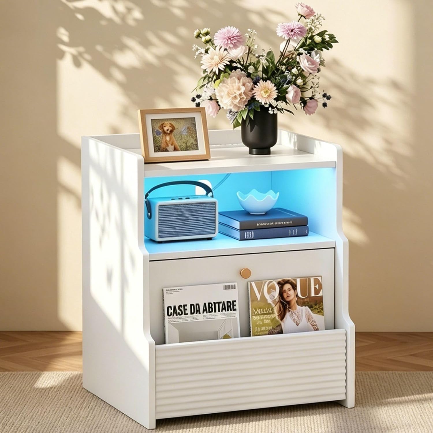Fluted Nightstand with Charging Station, Modern Bedside Table with LED Lights & Drawers, End Table with Open Compartment for Bedroom, White