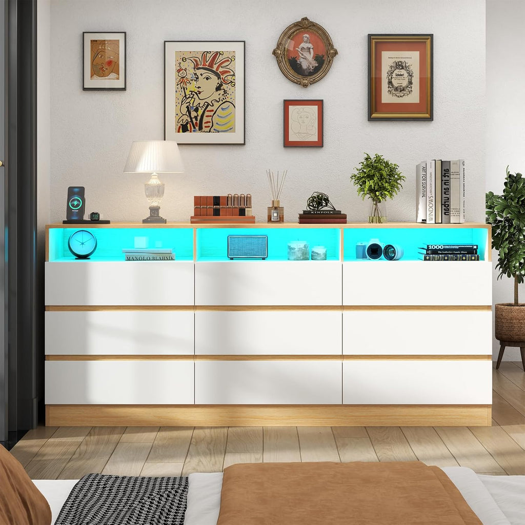 Loomie 9 Drawers Dresser, 63'' White Chests of Drawers with Power Outlet, Accent Large Double Dresser with LED Light, Modern Storage Dresser for Bedroom, Living Room (White&Light Walnut)