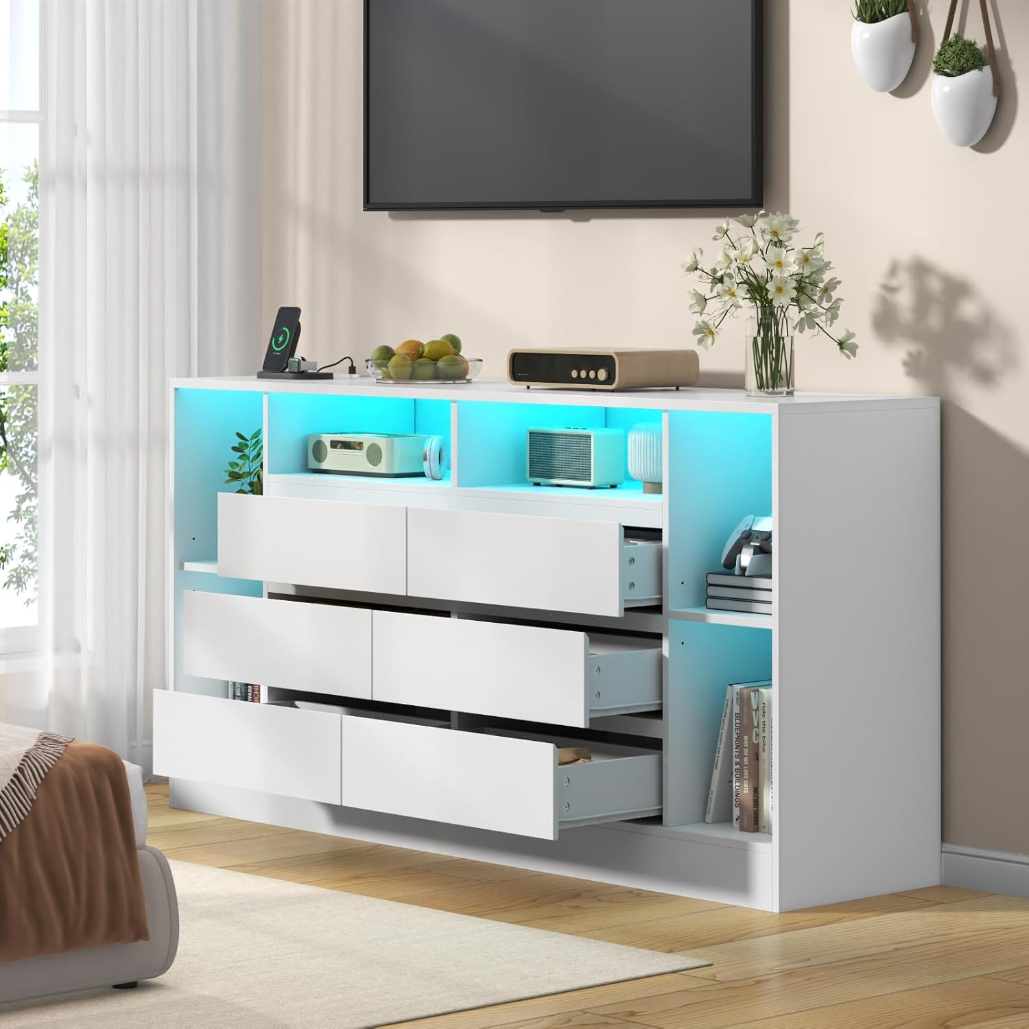 Loomie 6 Drawers Dresser with 6 Open Storage Cubbies, LED Dressers & Chests of Drawers with Power Outlet, 55" Wide Long Dresser for Bedroom, TV Stand with Open Shelf (White)