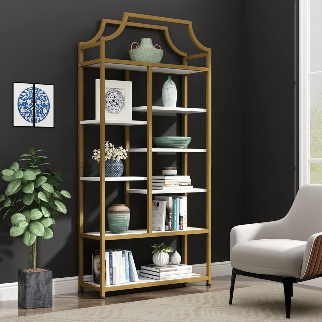 Loomie 8-Open Shelf Bookshelf, 70.87" H x 31.5" L Lux Etagere Bookcase, Tall Storage Display Modern Open Book Case for Bedroom, Home Office & Living Room, Gold Finish Metal Frame & White Shelving