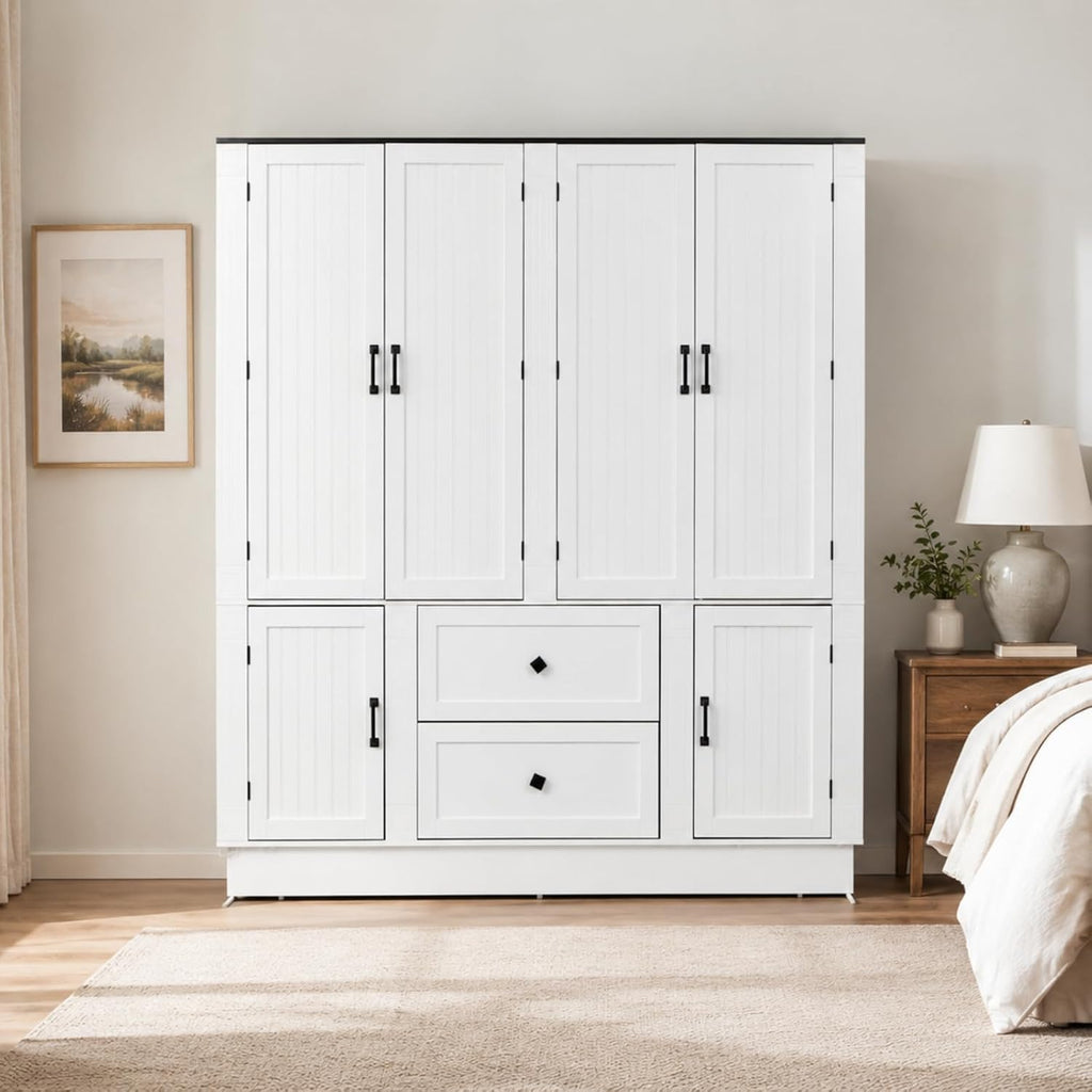 Loomie 71" H White Wooden Armoire Wardrobe Closet with 6 Doors, LED lisght