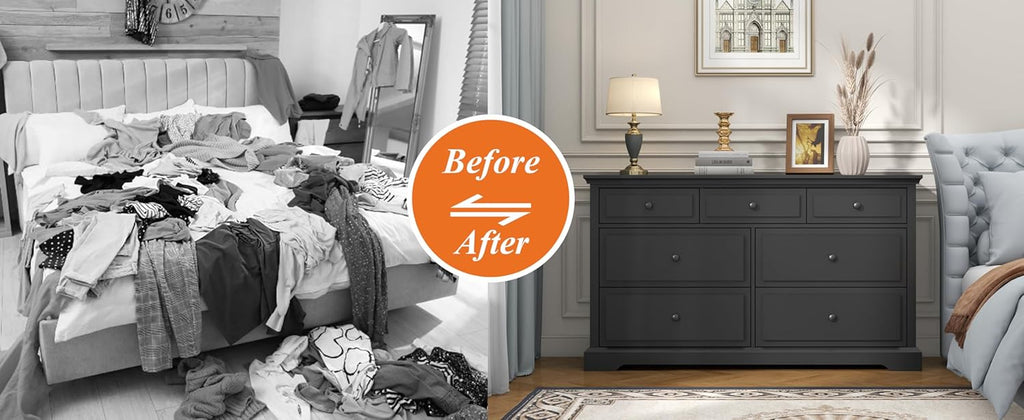 Loomie 7 Drawers Black Double Dressers Chests for Bedroom, Large Storage Dresser Organizer for Bedroom, Long Dresser Tv Stand, Vintage Solid Tall Closet Dresserss with Storage for Living Room, Hallway