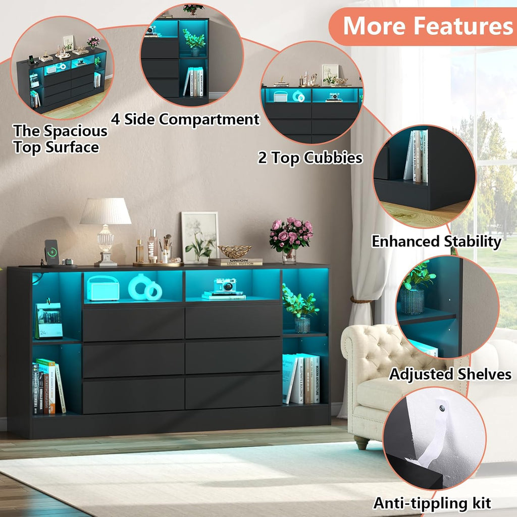 Loomie 6 Drawers Dresser with 6 Open Storage Cubbies, LED Dressers & Chests of Drawers with Power Outlet, 55" Wide Long Dresser for Bedroom, Modern TV Stand with Open Shelf (Black)