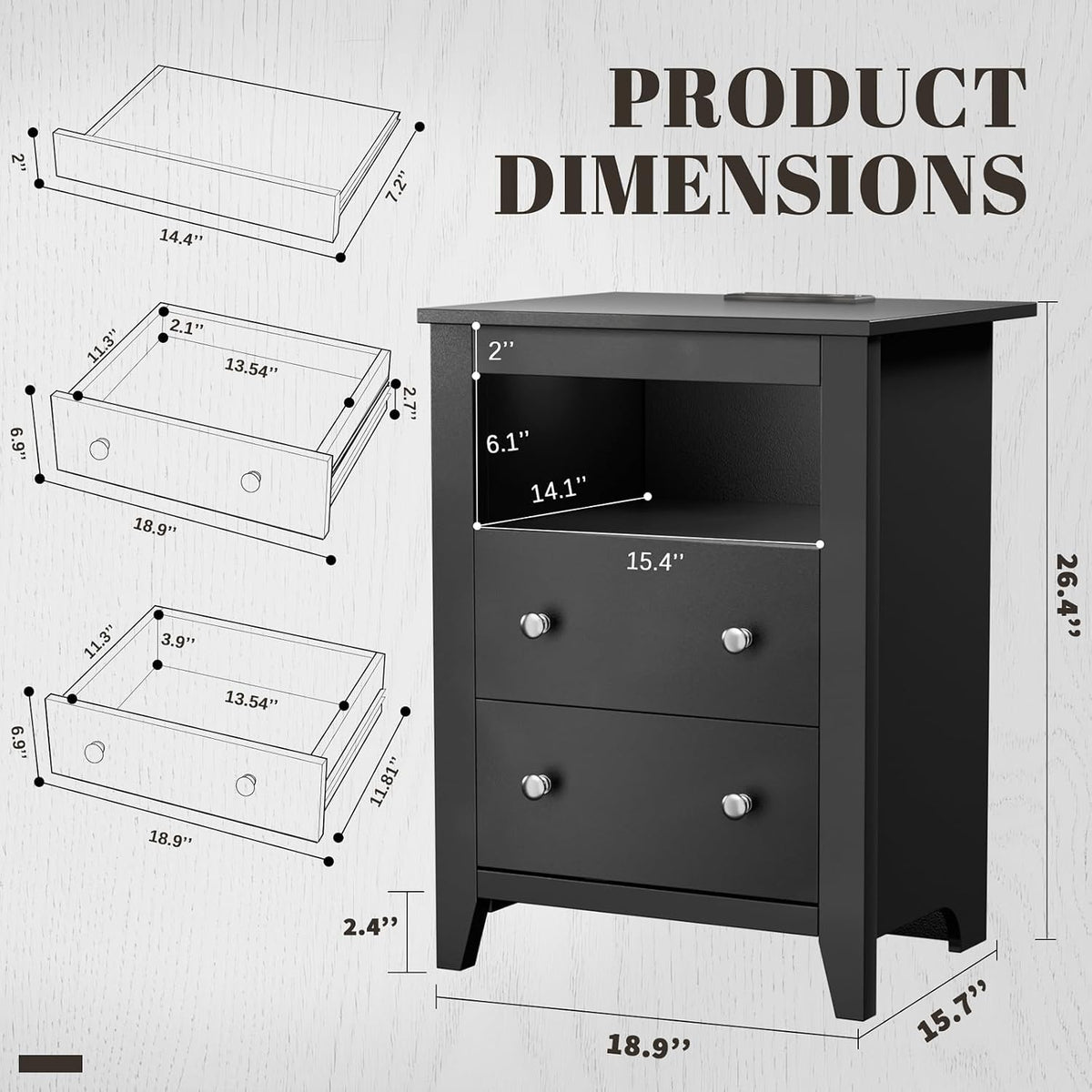 Nightstand w/Gun Drawer, Black Night Stand w/Charging Station & LED Lights